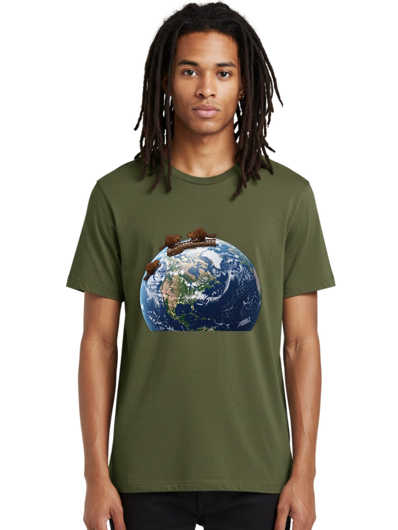 Beavers-On-Globe Men'S Graphic Tee, 100% Cotton, Comfortable Casual Summer Wear, Machine Washable, Beavers Building Dam On Top Of The Earth, Global Unity, Wildlife Conservation, Environmental Protection, Teamwork, Creative Beavers, Beaver Dam Baa157 25