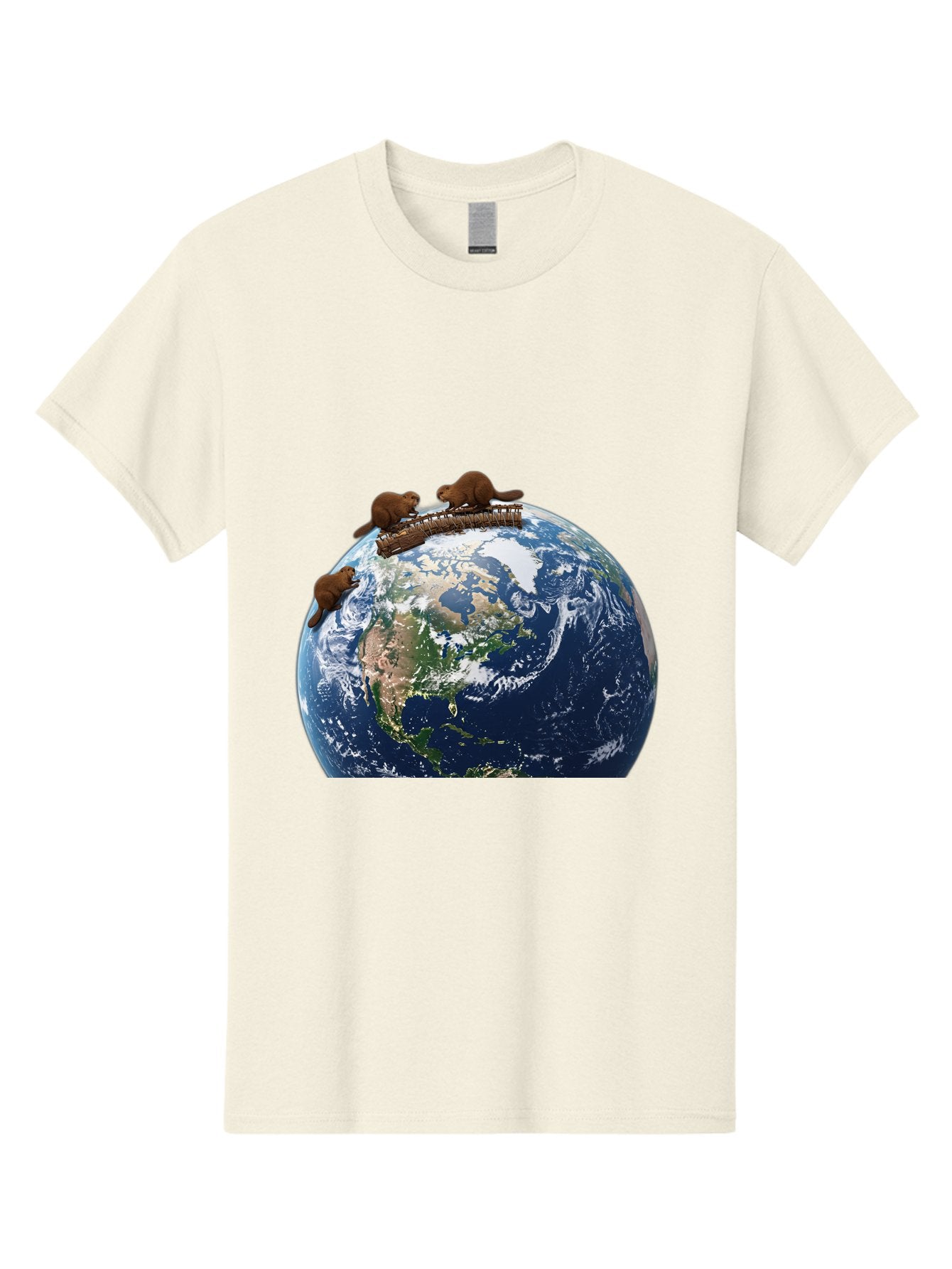 Beavers-On-Globe Men'S Graphic Tee, 100% Cotton, Comfortable Casual Summer Wear, Machine Washable, Beavers Building Dam On Top Of The Earth, Global Unity, Wildlife Conservation, Environmental Protection, Teamwork, Creative Beavers, Beaver Dam Baa157