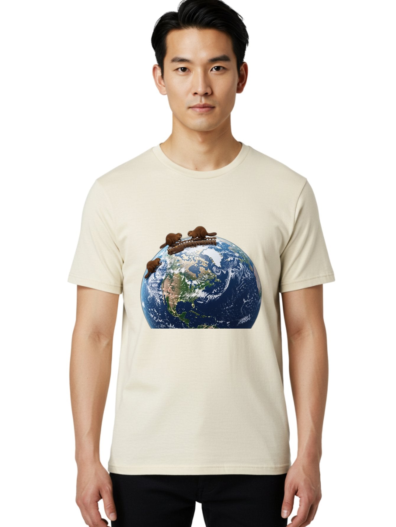Beavers-On-Globe Men'S Graphic Tee, 100% Cotton, Comfortable Casual Summer Wear, Machine Washable, Beavers Building Dam On Top Of The Earth, Global Unity, Wildlife Conservation, Environmental Protection, Teamwork, Creative Beavers, Beaver Dam Baa157 19