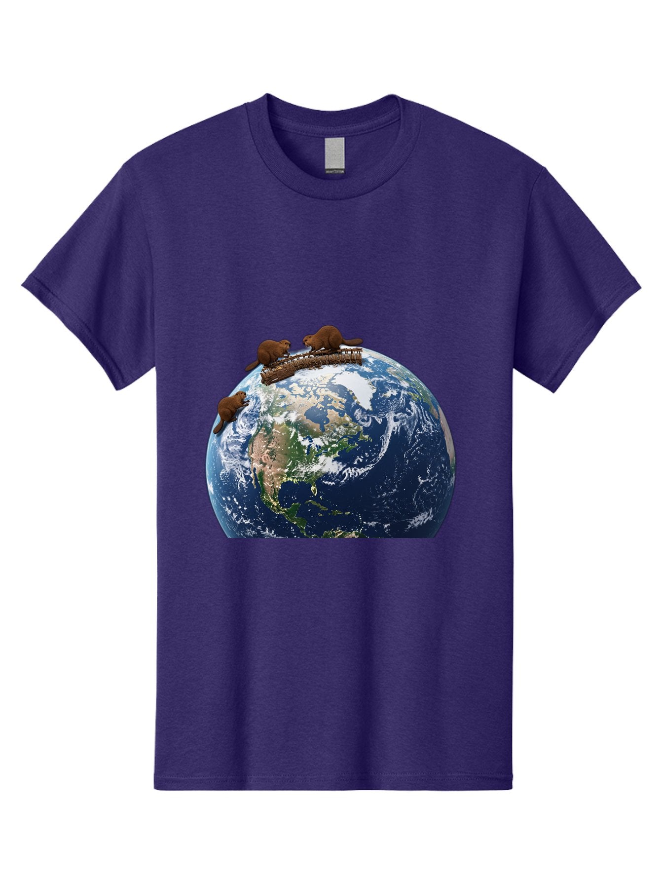 Beavers-On-Globe Men'S Graphic Tee, 100% Cotton, Comfortable Casual Summer Wear, Machine Washable, Beavers Building Dam On Top Of The Earth, Global Unity, Wildlife Conservation, Environmental Protection, Teamwork, Creative Beavers, Beaver Dam Baa157