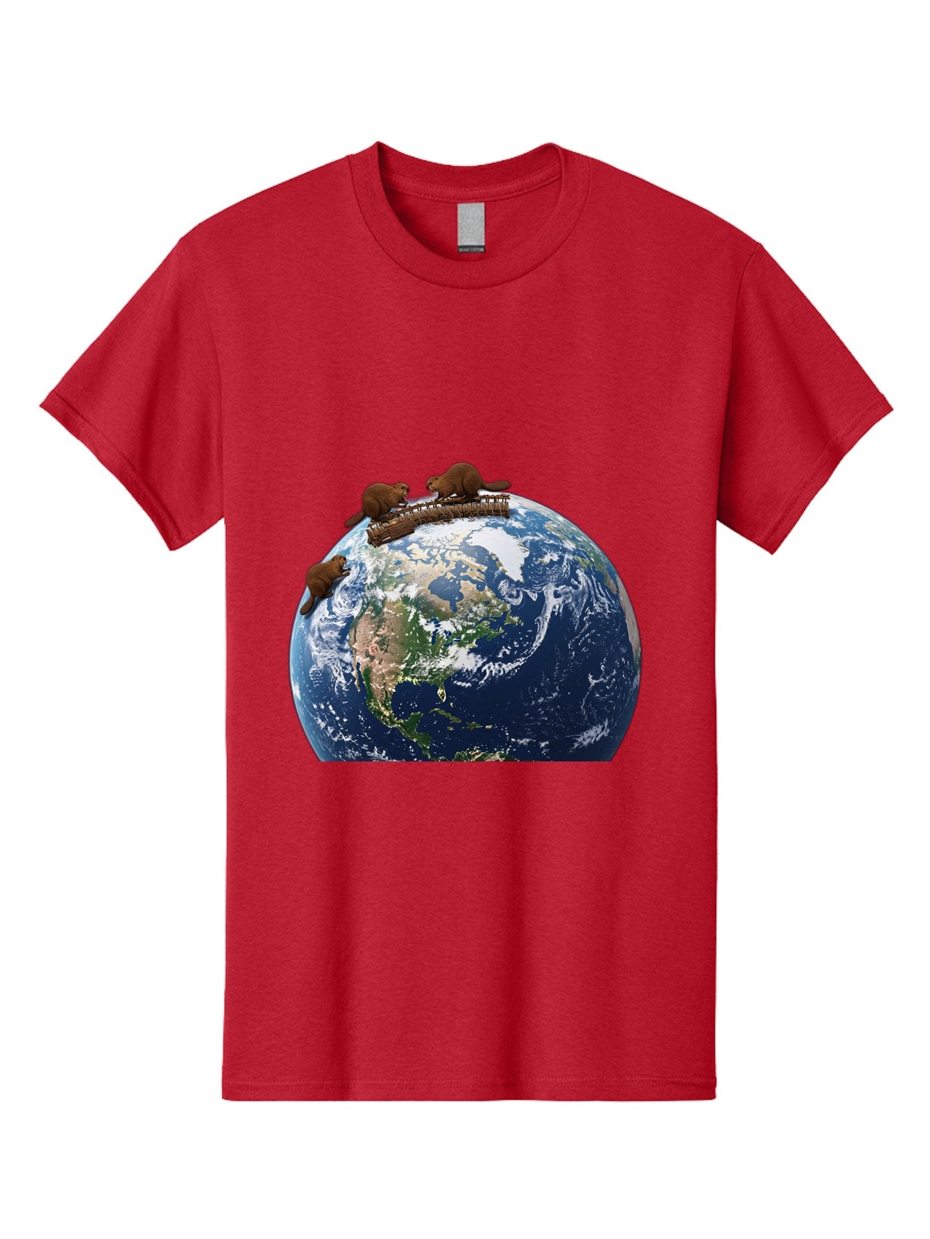 Beavers-On-Globe Men'S Graphic Tee, 100% Cotton, Comfortable Casual Summer Wear, Machine Washable, Beavers Building Dam On Top Of The Earth, Global Unity, Wildlife Conservation, Environmental Protection, Teamwork, Creative Beavers, Beaver Dam Baa157 7