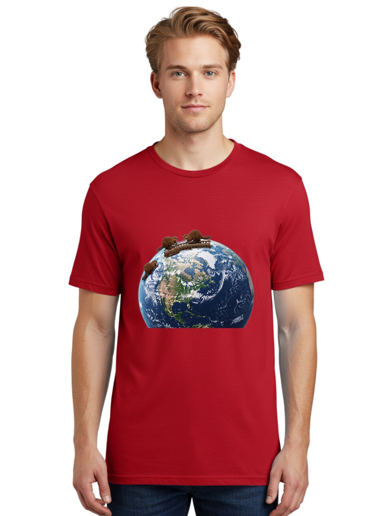 Beavers-On-Globe Men'S Graphic Tee, 100% Cotton, Comfortable Casual Summer Wear, Machine Washable, Beavers Building Dam On Top Of The Earth, Global Unity, Wildlife Conservation, Environmental Protection, Teamwork, Creative Beavers, Beaver Dam Baa157 16