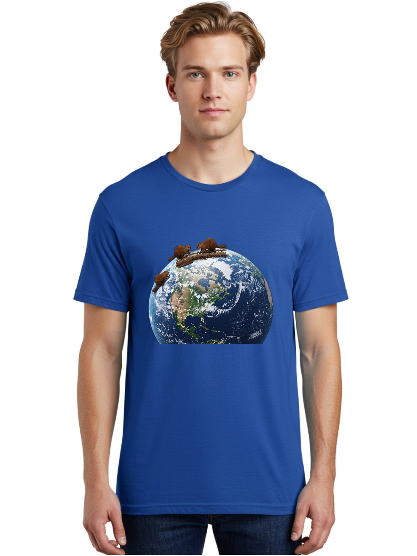 Beavers-On-Globe Men'S Graphic Tee, 100% Cotton, Comfortable Casual Summer Wear, Machine Washable, Beavers Building Dam On Top Of The Earth, Global Unity, Wildlife Conservation, Environmental Protection, Teamwork, Creative Beavers, Beaver Dam Baa157 18