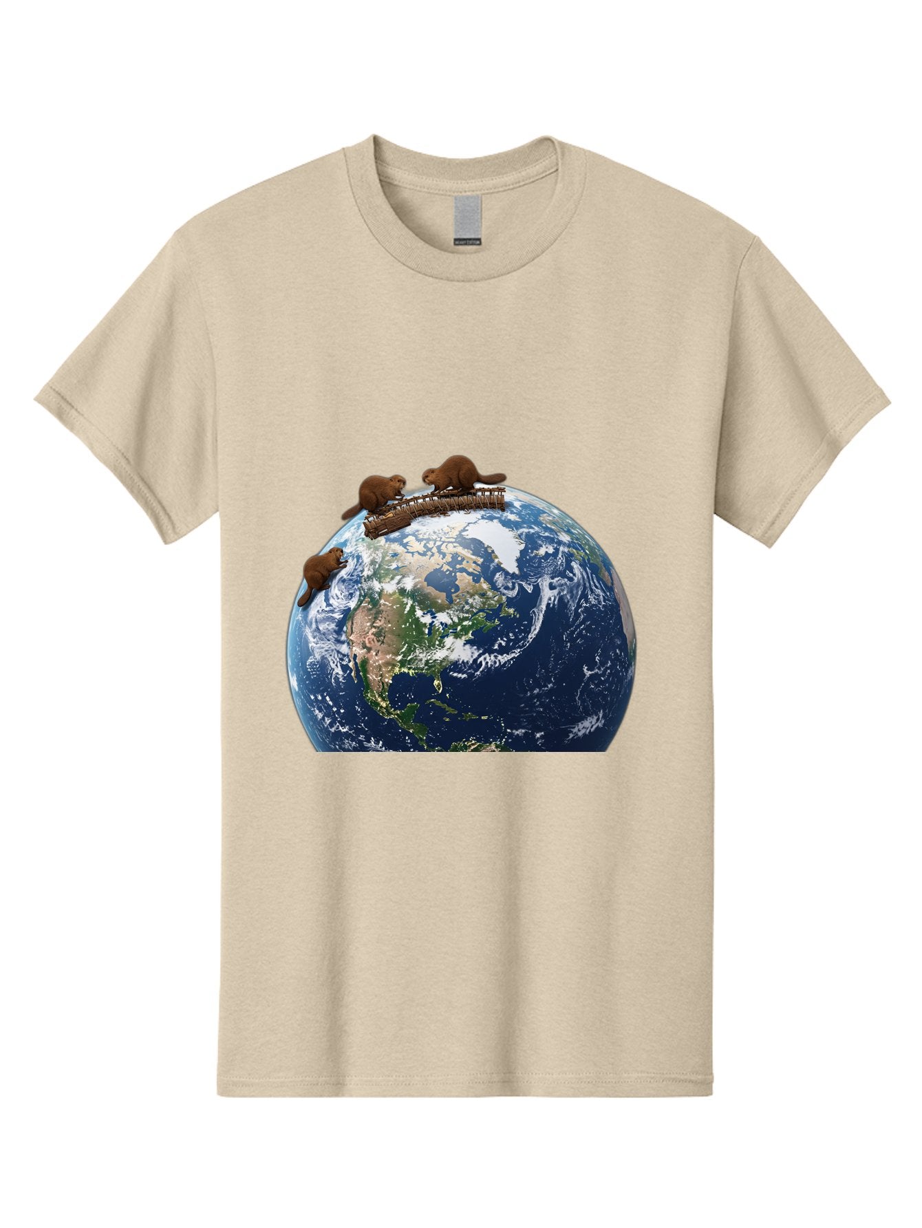 Beavers-On-Globe Men'S Graphic Tee, 100% Cotton, Comfortable Casual Summer Wear, Machine Washable, Beavers Building Dam On Top Of The Earth, Global Unity, Wildlife Conservation, Environmental Protection, Teamwork, Creative Beavers, Beaver Dam Baa157 15
