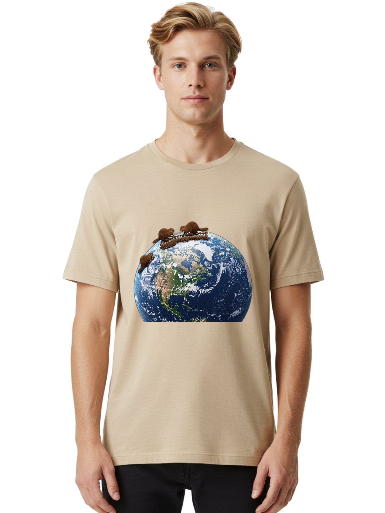 Beavers-On-Globe Men'S Graphic Tee, 100% Cotton, Comfortable Casual Summer Wear, Machine Washable, Beavers Building Dam On Top Of The Earth, Global Unity, Wildlife Conservation, Environmental Protection, Teamwork, Creative Beavers, Beaver Dam Baa157 30