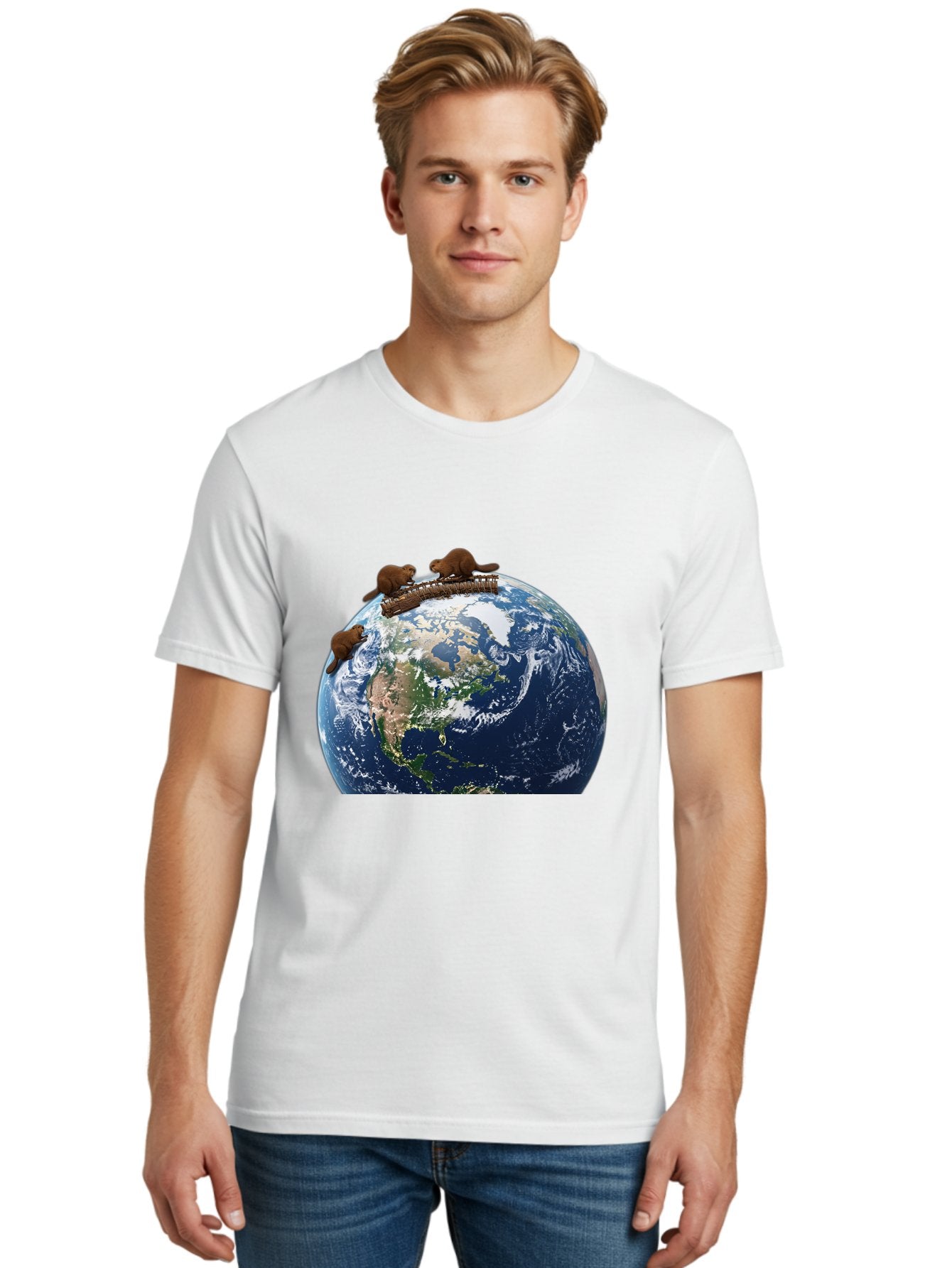 Beavers-On-Globe Men'S Graphic Tee, 100% Cotton, Comfortable Casual Summer Wear, Machine Washable, Beavers Building Dam On Top Of The Earth, Global Unity, Wildlife Conservation, Environmental Protection, Teamwork, Creative Beavers, Beaver Dam Baa157 20