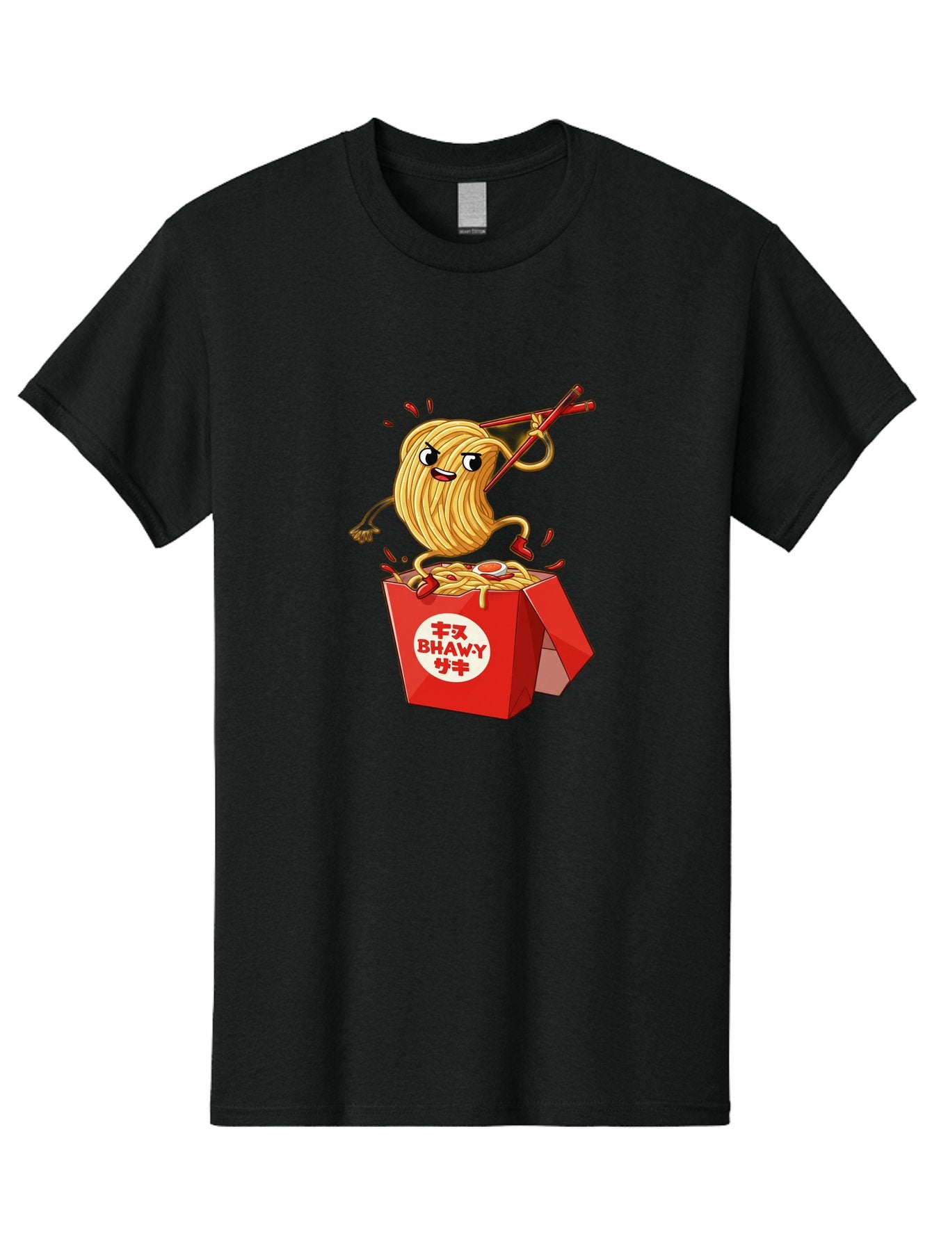 Bhawy-S-Noodle-Guy Men'S Graphic Tee, 100% Cotton, Comfortable Casual Summer Wear, Machine Washable, Cartoon Noodles, Takeout Box, Red Chopsticks, Happy Face, Animated Food, Bhawey, Japanese Characters, Noodle Takeout, Delicious Meal, Baa159 8
