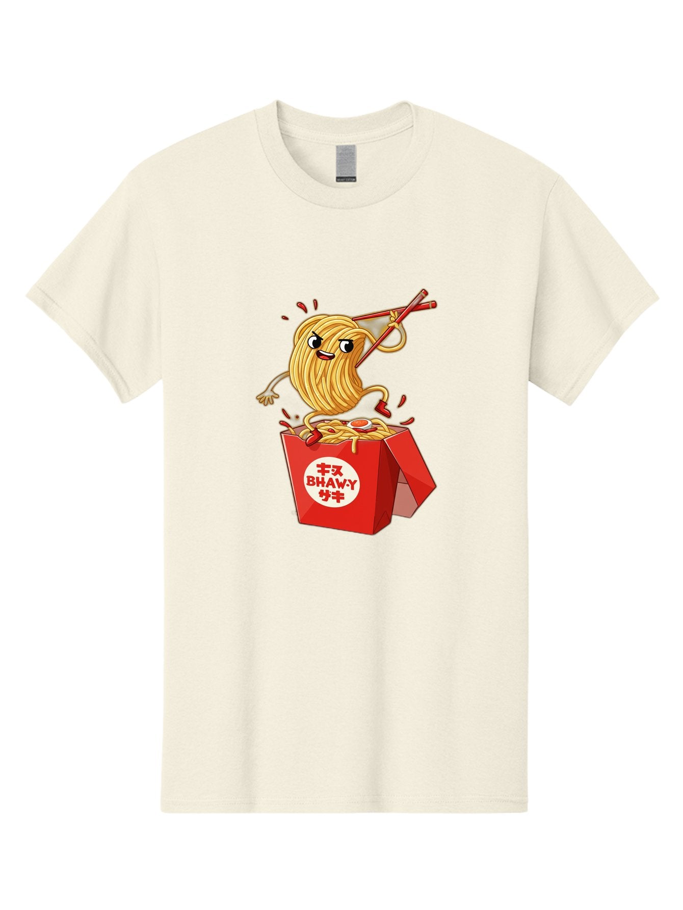 Bhawy-S-Noodle-Guy Men'S Graphic Tee, 100% Cotton, Comfortable Casual Summer Wear, Machine Washable, Cartoon Noodles, Takeout Box, Red Chopsticks, Happy Face, Animated Food, Bhawey, Japanese Characters, Noodle Takeout, Delicious Meal, Baa159 13