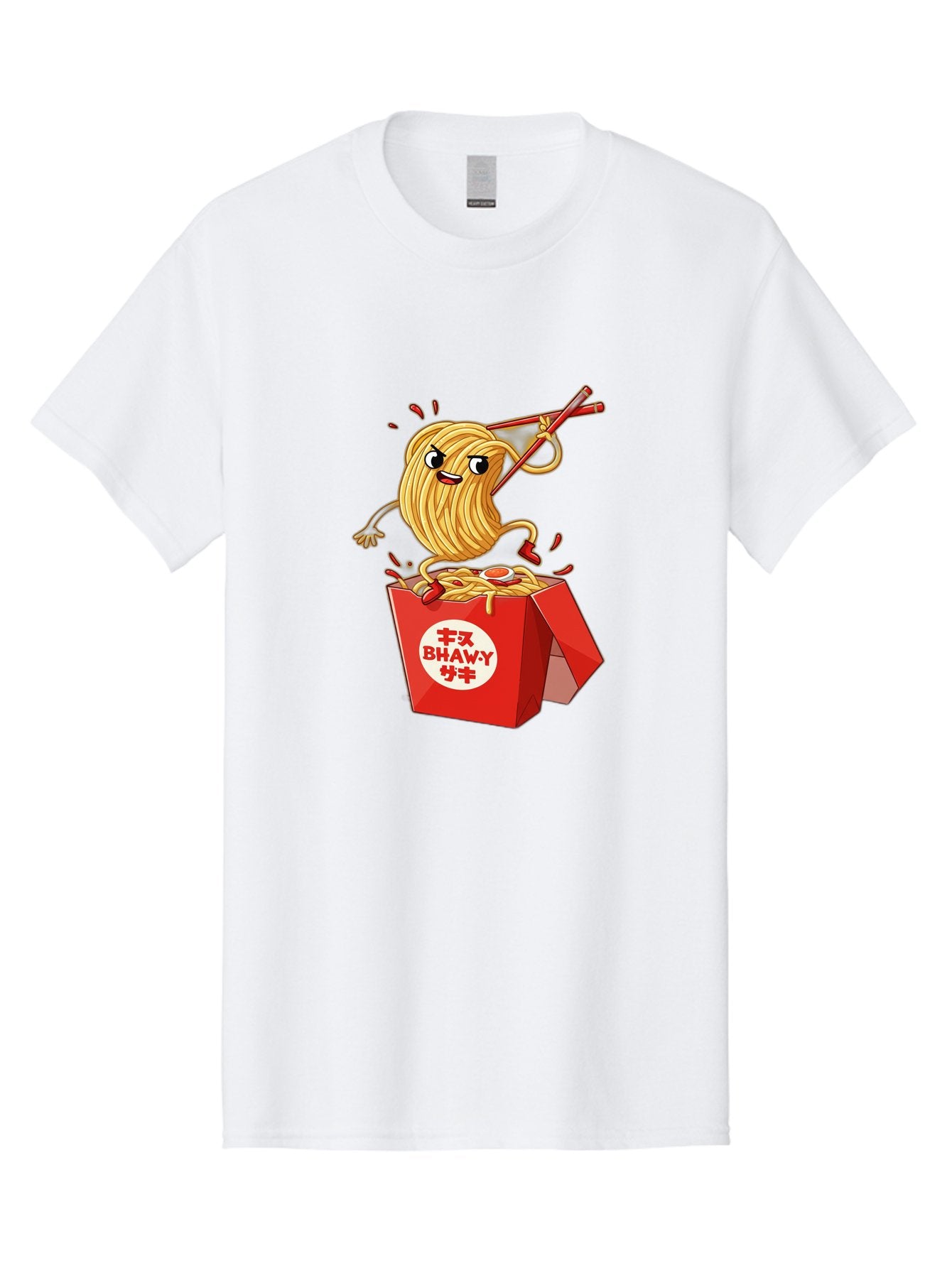 Bhawy-S-Noodle-Guy Men'S Graphic Tee, 100% Cotton, Comfortable Casual Summer Wear, Machine Washable, Cartoon Noodles, Takeout Box, Red Chopsticks, Happy Face, Animated Food, Bhawey, Japanese Characters, Noodle Takeout, Delicious Meal, Baa159 4