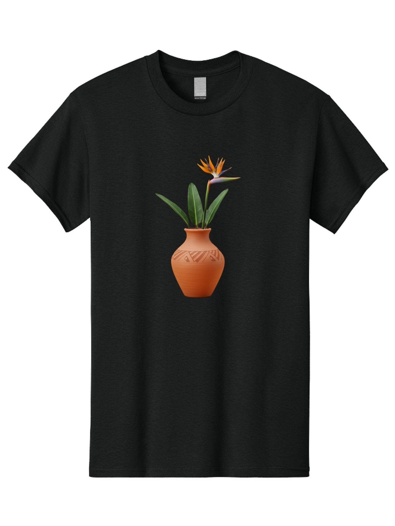 Bird-Of-Paradise Men'S Graphic Tee, 100% Cotton, Comfortable Casual Summer Wear, Machine Washable, Bird Of Paradise Flower, Orange And Green Hues, Clay Pot, Floral Arrangement, Decorative Vase, Tropical Blooms, Exotic Flower, Botanical Art Baa161