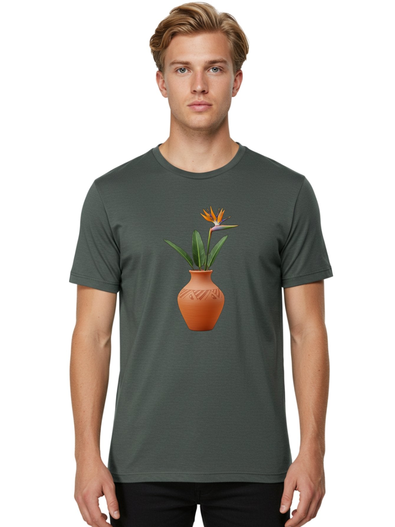 Bird-Of-Paradise Men'S Graphic Tee, 100% Cotton, Comfortable Casual Summer Wear, Machine Washable, Bird Of Paradise Flower, Orange And Green Hues, Clay Pot, Floral Arrangement, Decorative Vase, Tropical Blooms, Exotic Flower, Botanical Art Baa161 24