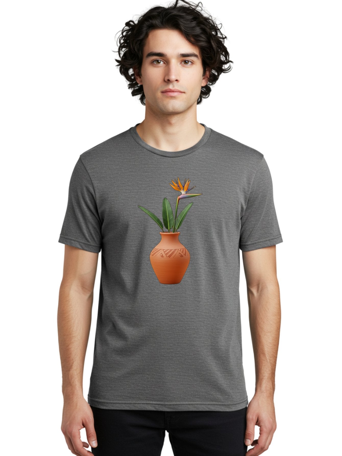 Bird-Of-Paradise Men'S Graphic Tee, 100% Cotton, Comfortable Casual Summer Wear, Machine Washable, Bird Of Paradise Flower, Orange And Green Hues, Clay Pot, Floral Arrangement, Decorative Vase, Tropical Blooms, Exotic Flower, Botanical Art Baa161 28
