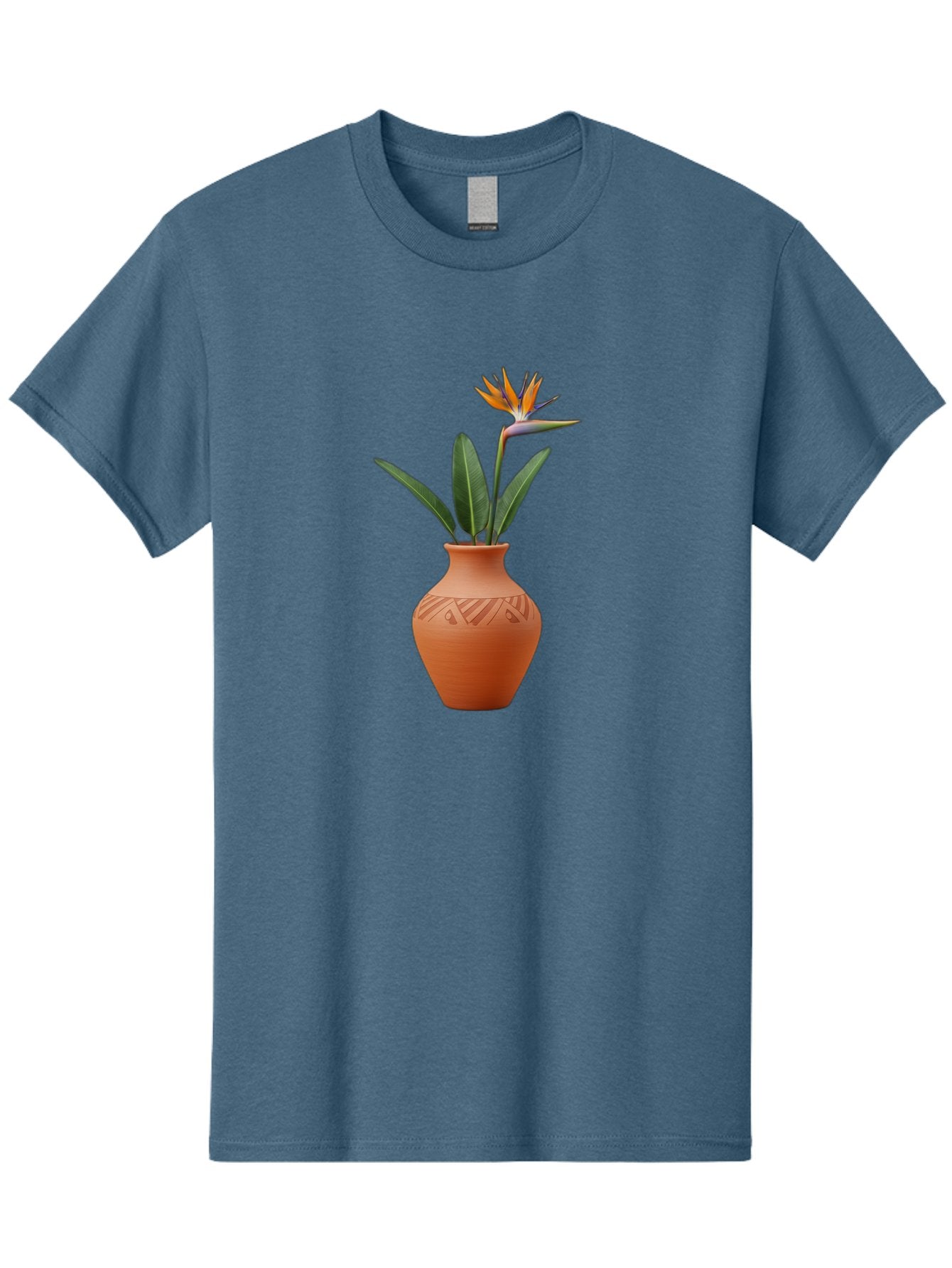 Bird-Of-Paradise Men'S Graphic Tee, 100% Cotton, Comfortable Casual Summer Wear, Machine Washable, Bird Of Paradise Flower, Orange And Green Hues, Clay Pot, Floral Arrangement, Decorative Vase, Tropical Blooms, Exotic Flower, Botanical Art Baa161 5