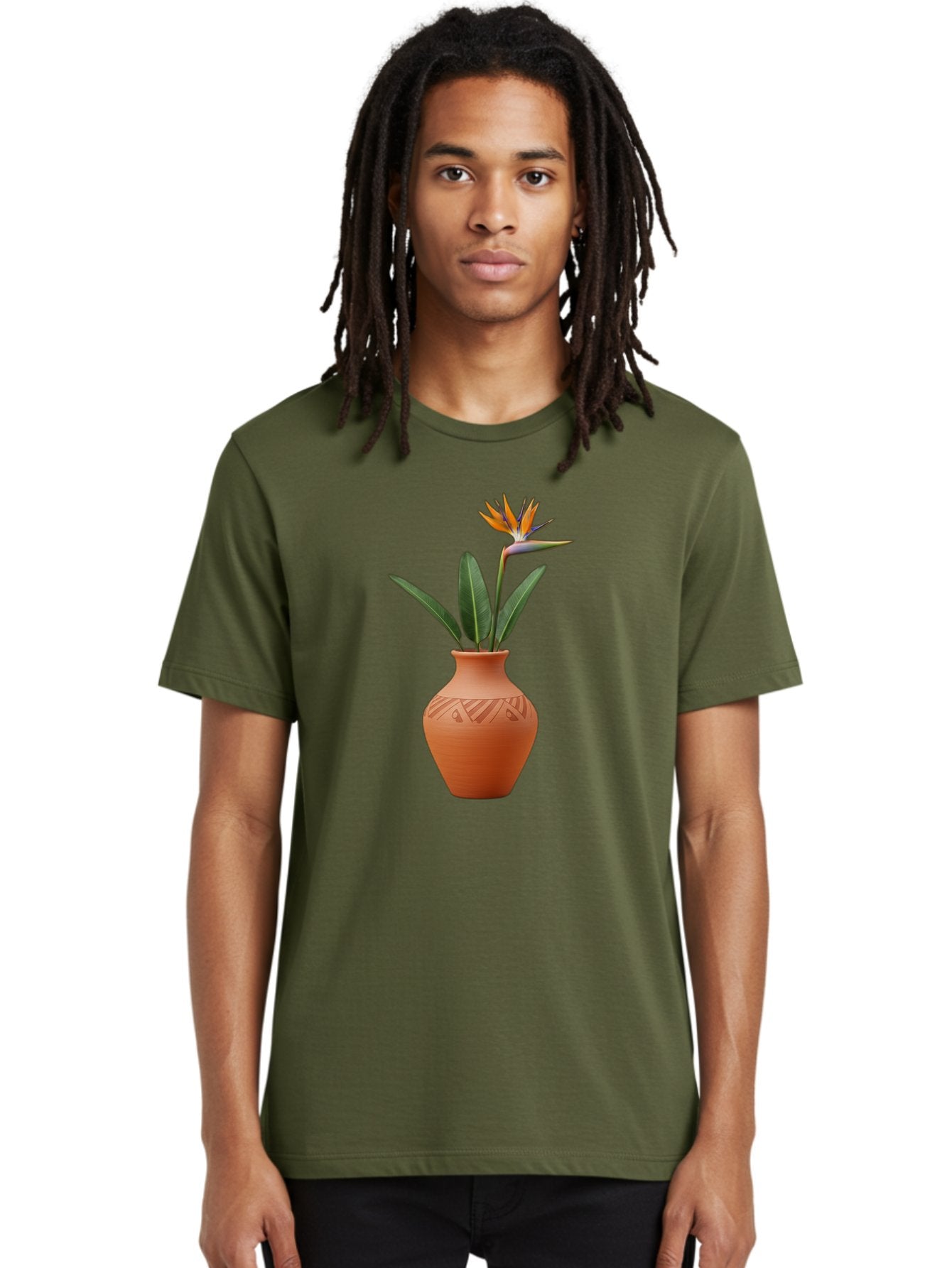 Bird-Of-Paradise Men'S Graphic Tee, 100% Cotton, Comfortable Casual Summer Wear, Machine Washable, Bird Of Paradise Flower, Orange And Green Hues, Clay Pot, Floral Arrangement, Decorative Vase, Tropical Blooms, Exotic Flower, Botanical Art Baa161 26
