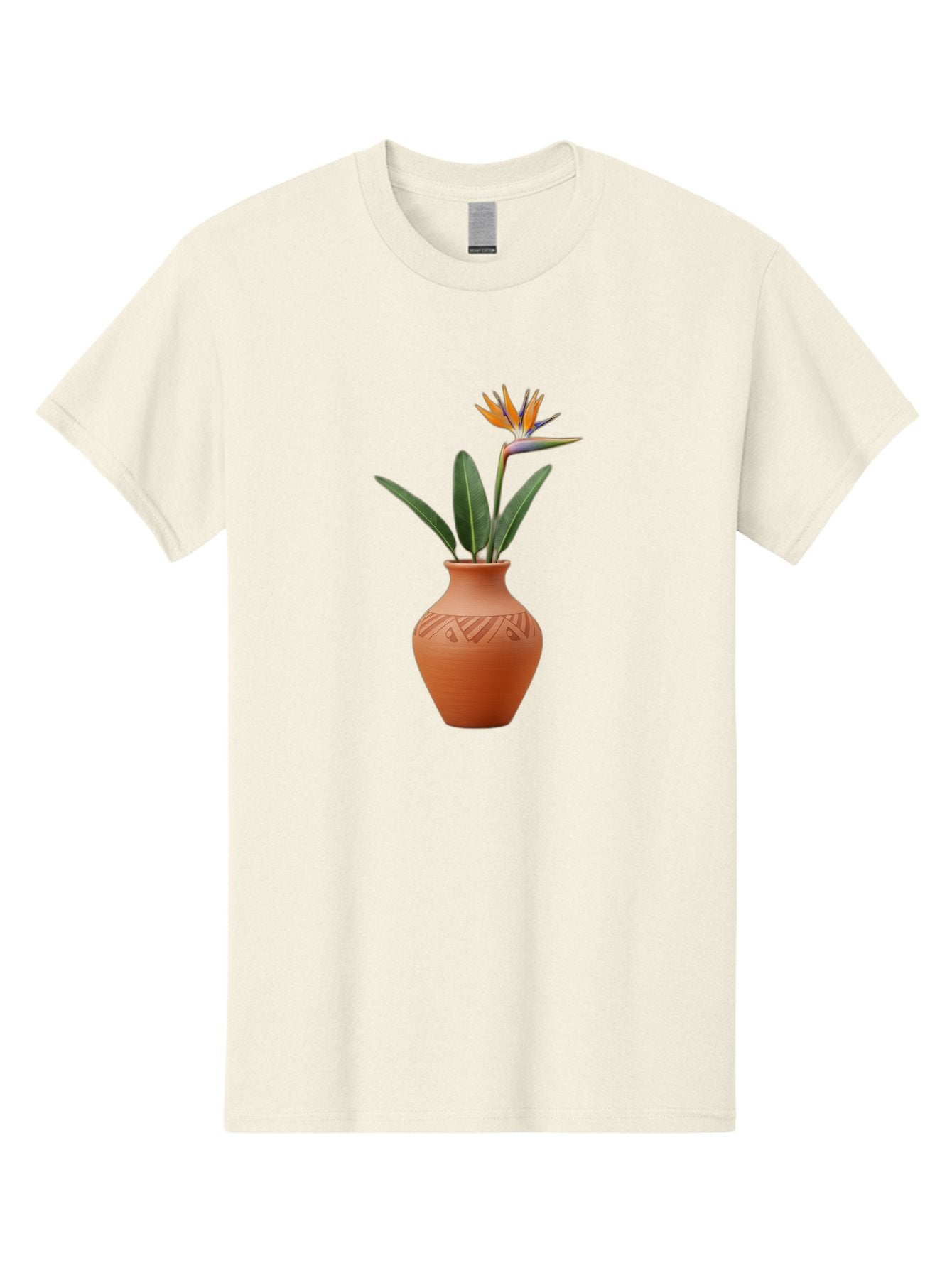 Bird-Of-Paradise Men'S Graphic Tee, 100% Cotton, Comfortable Casual Summer Wear, Machine Washable, Bird Of Paradise Flower, Orange And Green Hues, Clay Pot, Floral Arrangement, Decorative Vase, Tropical Blooms, Exotic Flower, Botanical Art Baa161 13