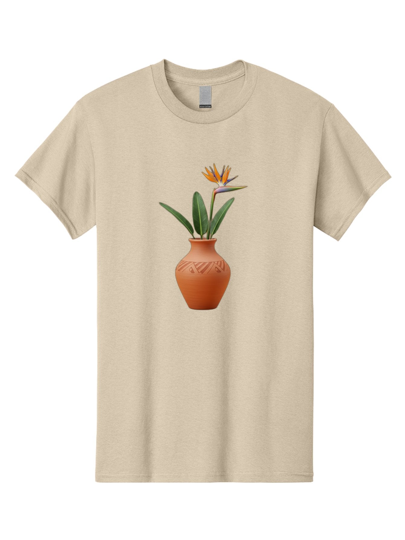 Bird-Of-Paradise Men'S Graphic Tee, 100% Cotton, Comfortable Casual Summer Wear, Machine Washable, Bird Of Paradise Flower, Orange And Green Hues, Clay Pot, Floral Arrangement, Decorative Vase, Tropical Blooms, Exotic Flower, Botanical Art Baa161 15