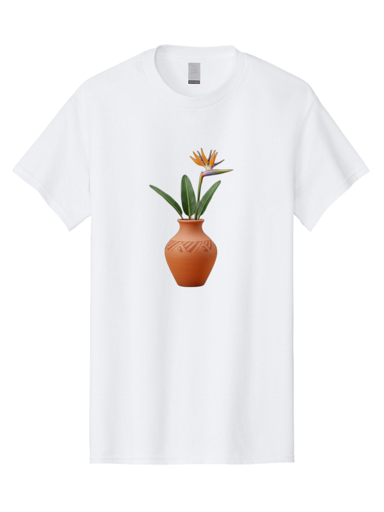 Bird-Of-Paradise Men'S Graphic Tee, 100% Cotton, Comfortable Casual Summer Wear, Machine Washable, Bird Of Paradise Flower, Orange And Green Hues, Clay Pot, Floral Arrangement, Decorative Vase, Tropical Blooms, Exotic Flower, Botanical Art Baa161