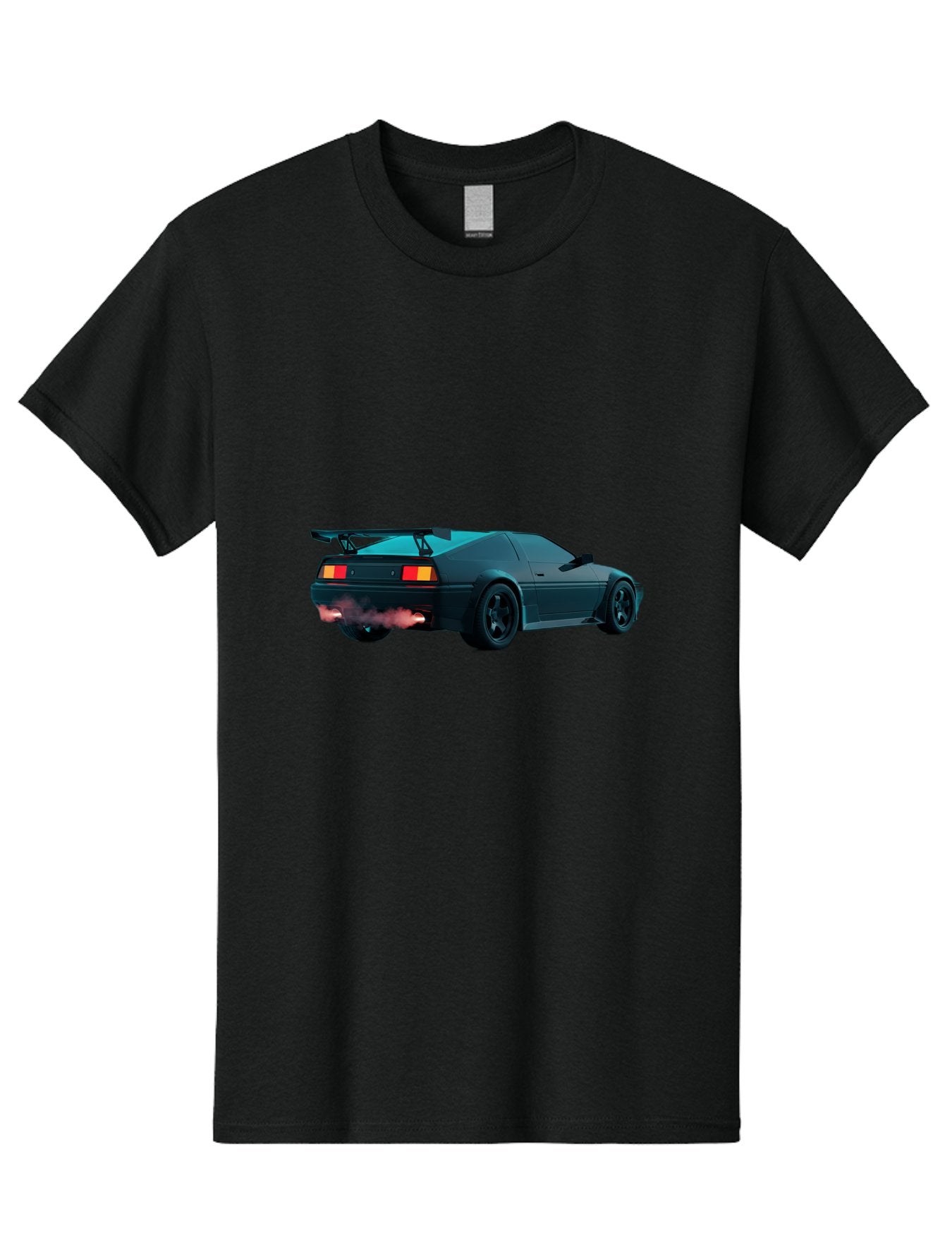 Black-Sports-Car Men'S Graphic Tee, 100% Cotton, Comfortable Casual Summer Wear, Machine Washable, Classic Sports Car, Drift Car, Rear View, Black Car, Red Brake Lights, Orange Turn Signals, Black Spoiler, Smoke From Exhaust, Baa165