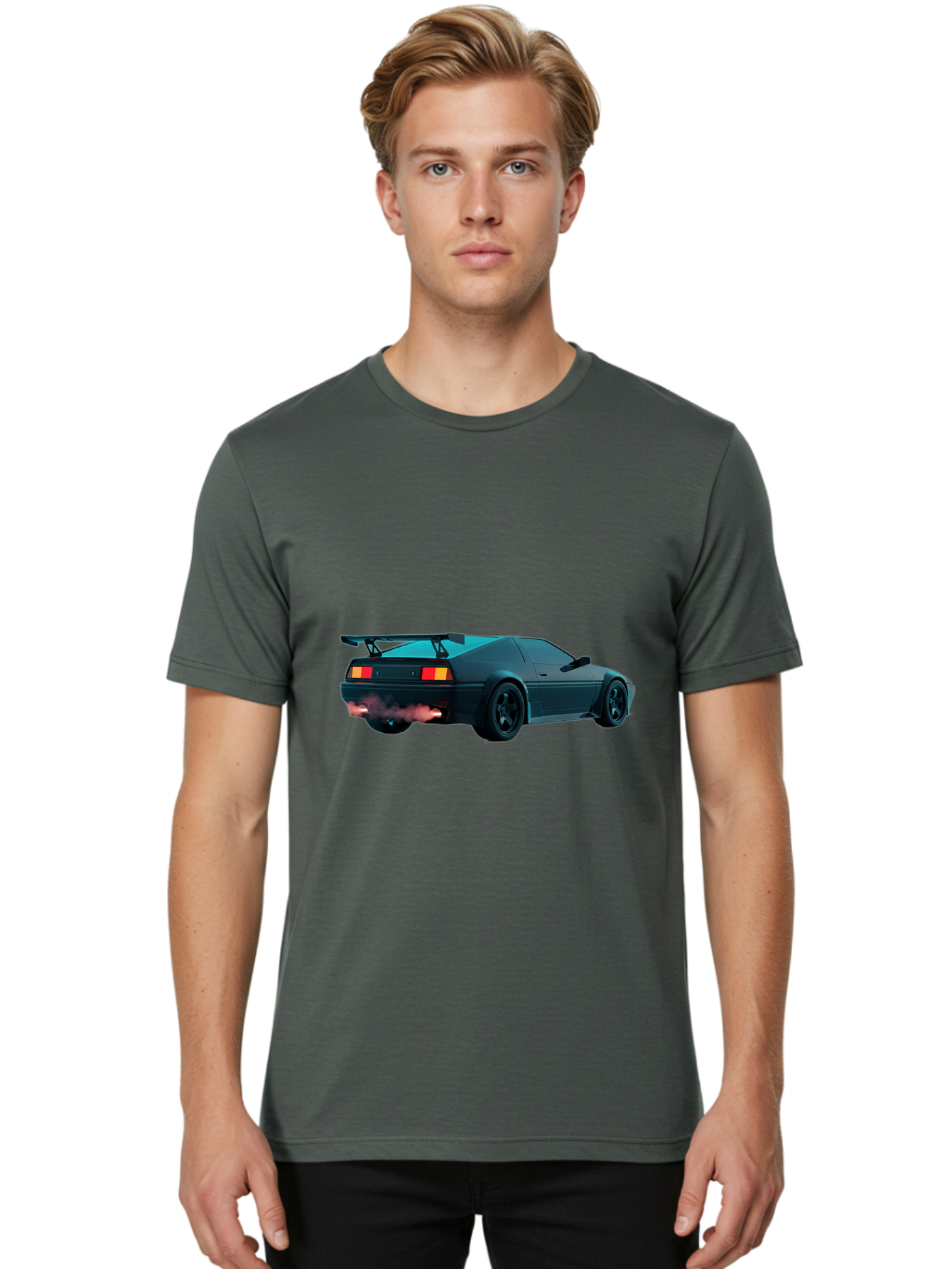 Black-Sports-Car Men'S Graphic Tee, 100% Cotton, Comfortable Casual Summer Wear, Machine Washable, Classic Sports Car, Drift Car, Rear View, Black Car, Red Brake Lights, Orange Turn Signals, Black Spoiler, Smoke From Exhaust, Baa165 8