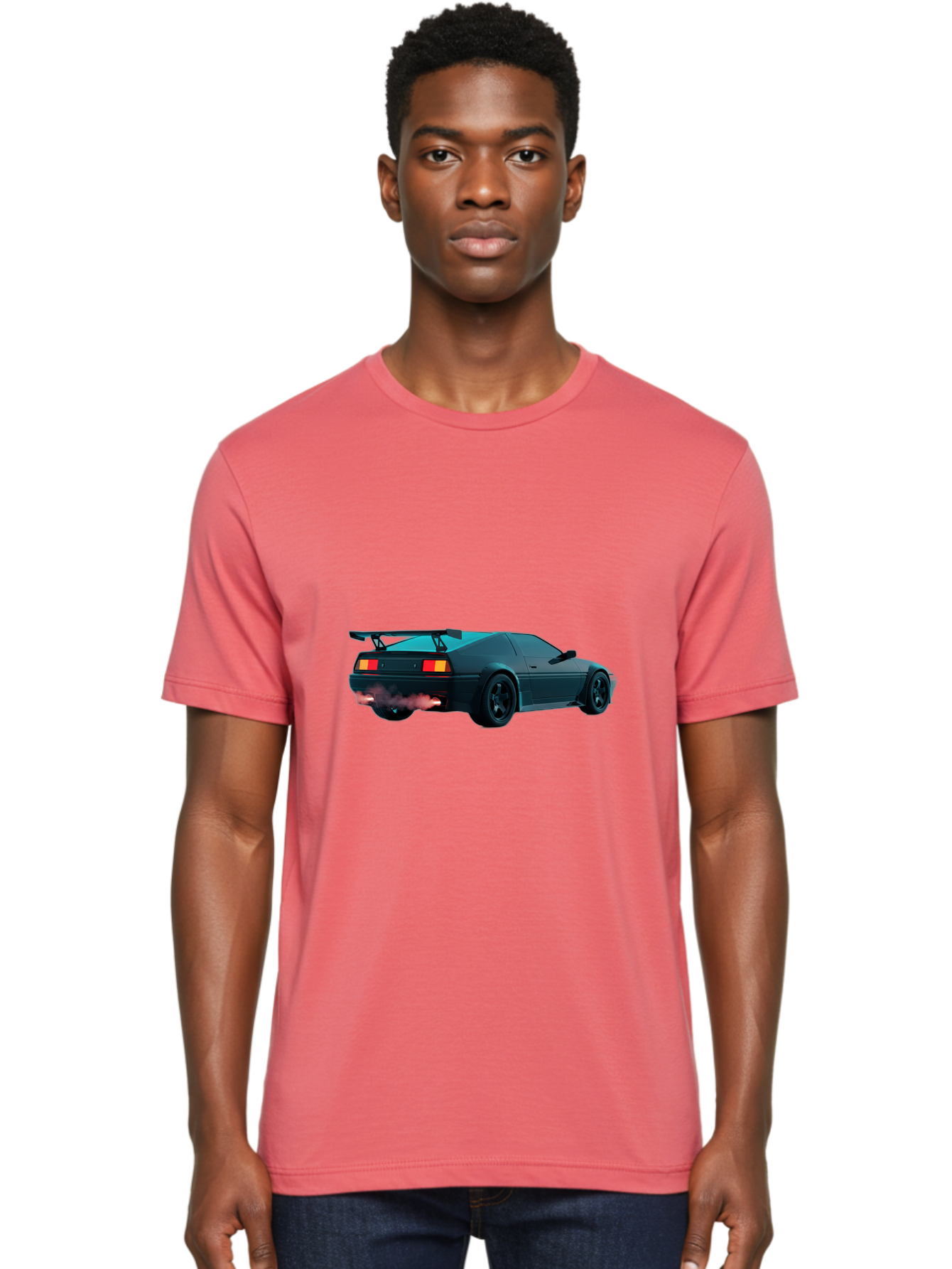Black-Sports-Car Men'S Graphic Tee, 100% Cotton, Comfortable Casual Summer Wear, Machine Washable, Classic Sports Car, Drift Car, Rear View, Black Car, Red Brake Lights, Orange Turn Signals, Black Spoiler, Smoke From Exhaust, Baa165 18