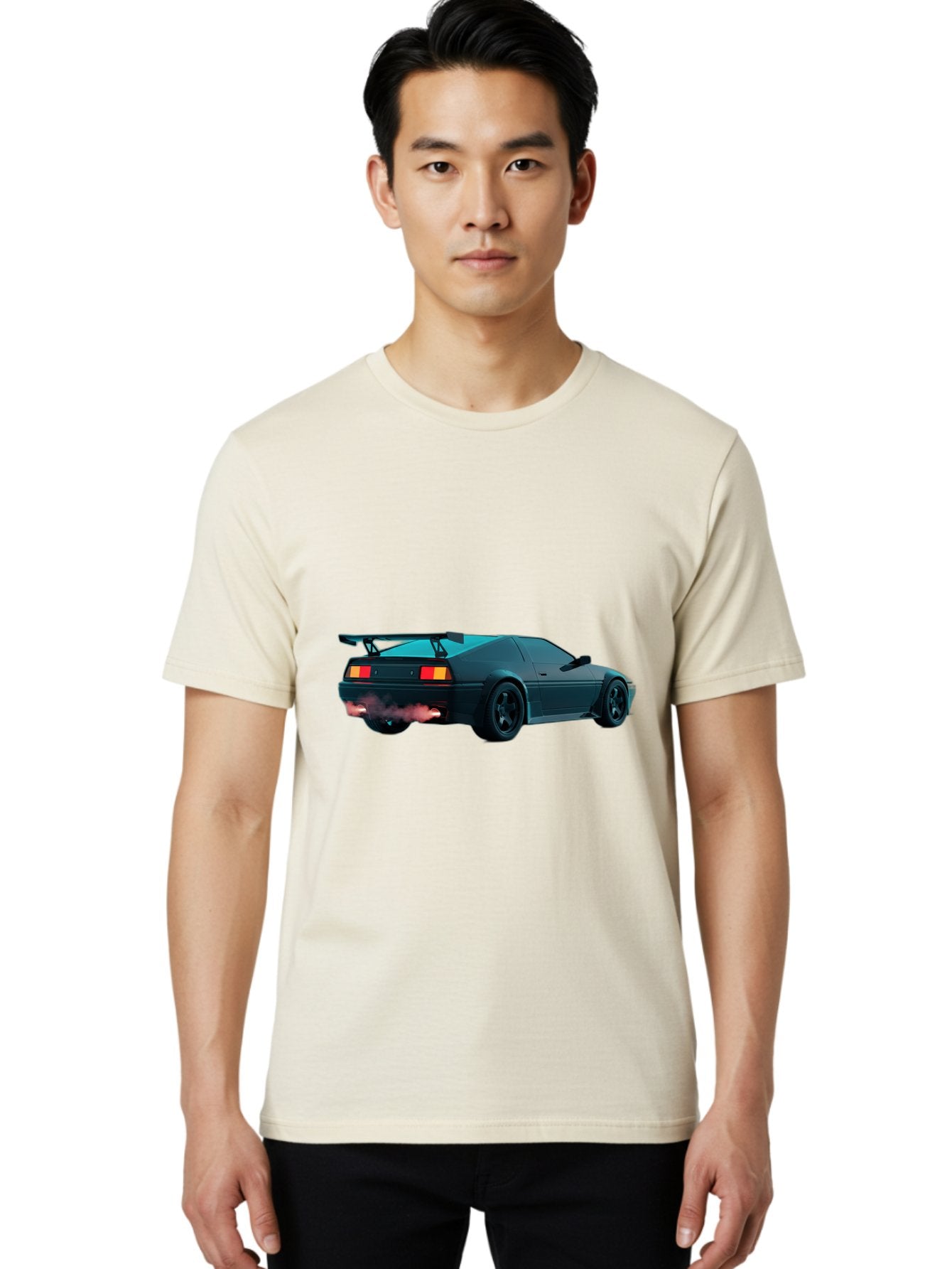 Black-Sports-Car Men'S Graphic Tee, 100% Cotton, Comfortable Casual Summer Wear, Machine Washable, Classic Sports Car, Drift Car, Rear View, Black Car, Red Brake Lights, Orange Turn Signals, Black Spoiler, Smoke From Exhaust, Baa165 17