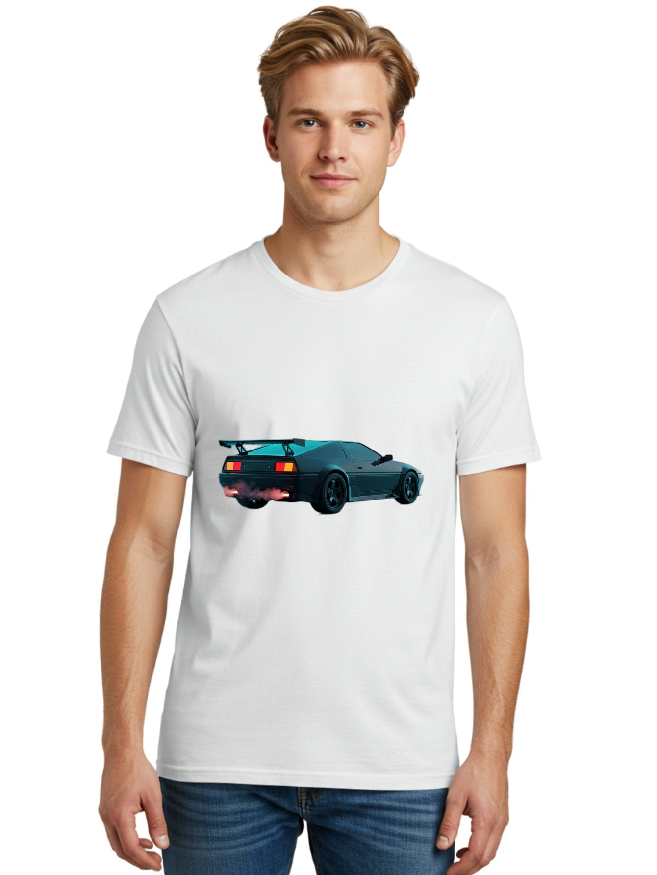 Black-Sports-Car Men'S Graphic Tee, 100% Cotton, Comfortable Casual Summer Wear, Machine Washable, Classic Sports Car, Drift Car, Rear View, Black Car, Red Brake Lights, Orange Turn Signals, Black Spoiler, Smoke From Exhaust, Baa165 20