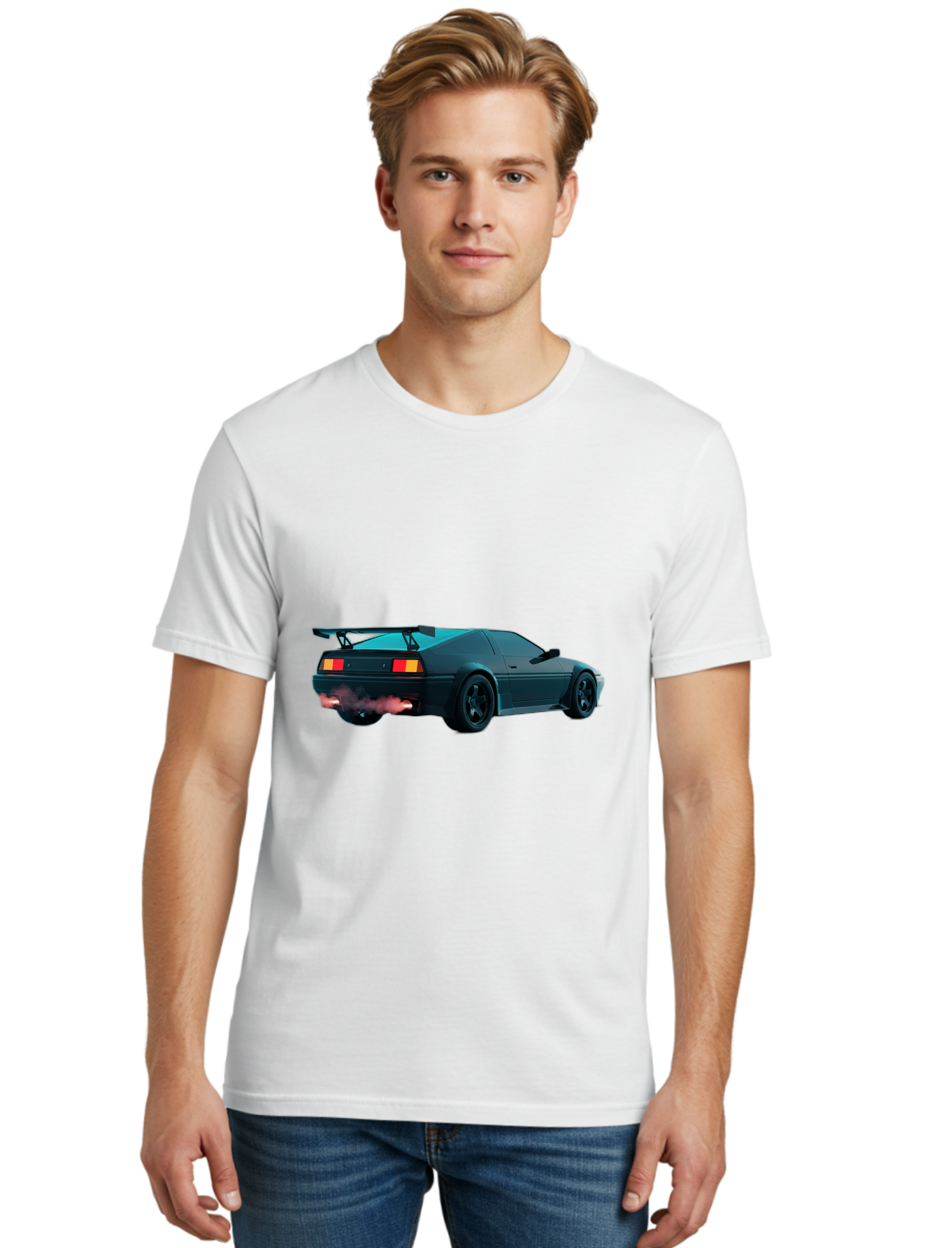 Black-Sports-Car Men'S Graphic Tee, 100% Cotton, Comfortable Casual Summer Wear, Machine Washable, Classic Sports Car, Drift Car, Rear View, Black Car, Red Brake Lights, Orange Turn Signals, Black Spoiler, Smoke From Exhaust, Baa165 30