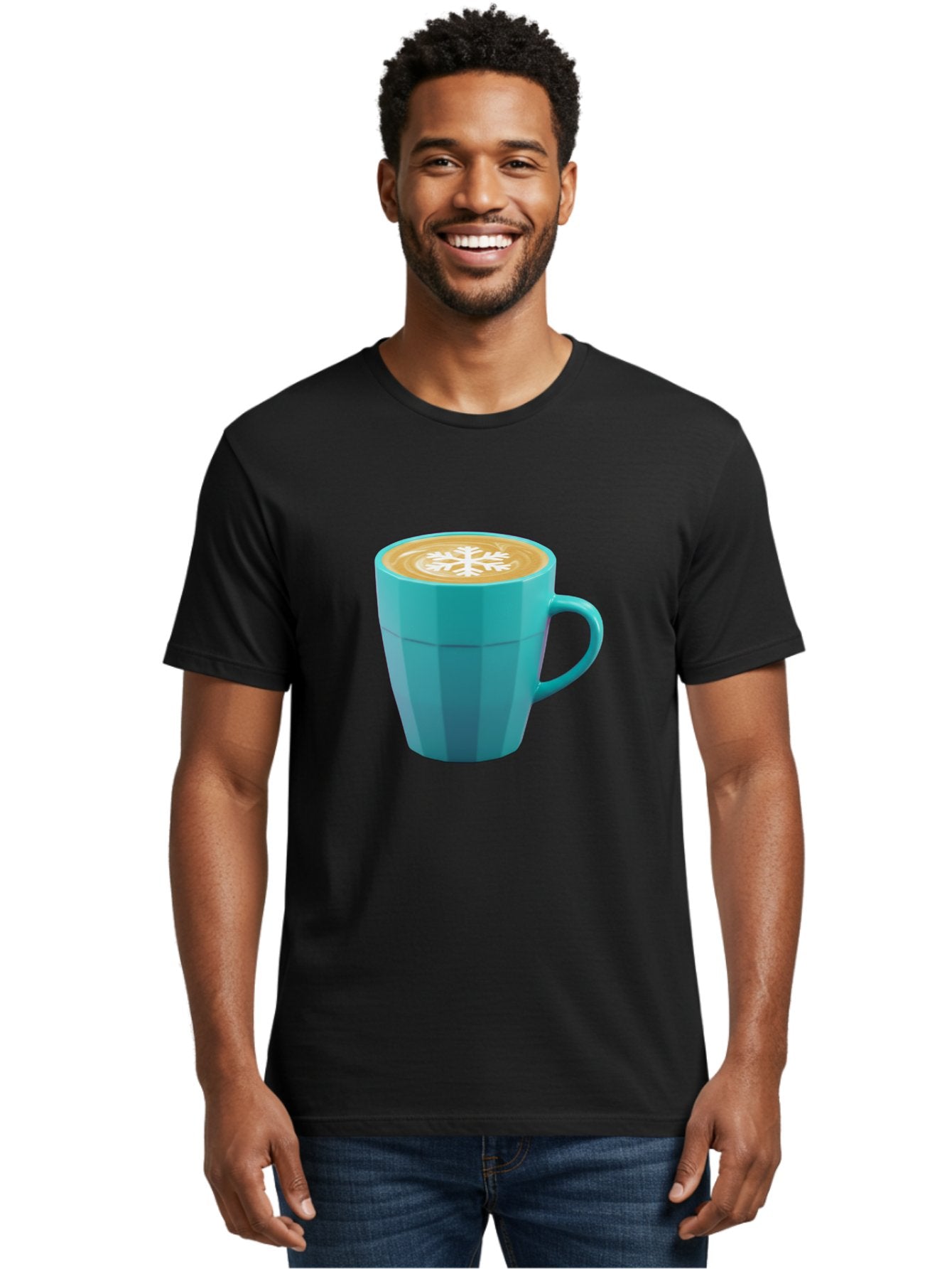 Blue-Coffee-Mug Men'S Graphic Tee, 100% Cotton, Comfortable Casual Summer Wear, Machine Washable, Coffee Cup, Blue Mug, Latte Art, Snowflake Design, Coffee Drink, Morning Coffee, Caffeine Boost, Beverage, Coffee Culture, Winter Theme Baa170 24