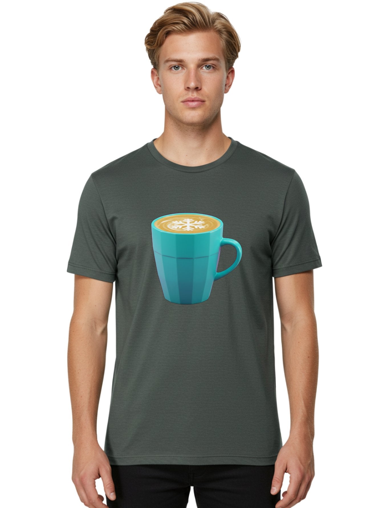 Blue-Coffee-Mug Men'S Graphic Tee, 100% Cotton, Comfortable Casual Summer Wear, Machine Washable, Coffee Cup, Blue Mug, Latte Art, Snowflake Design, Coffee Drink, Morning Coffee, Caffeine Boost, Beverage, Coffee Culture, Winter Theme Baa170 18