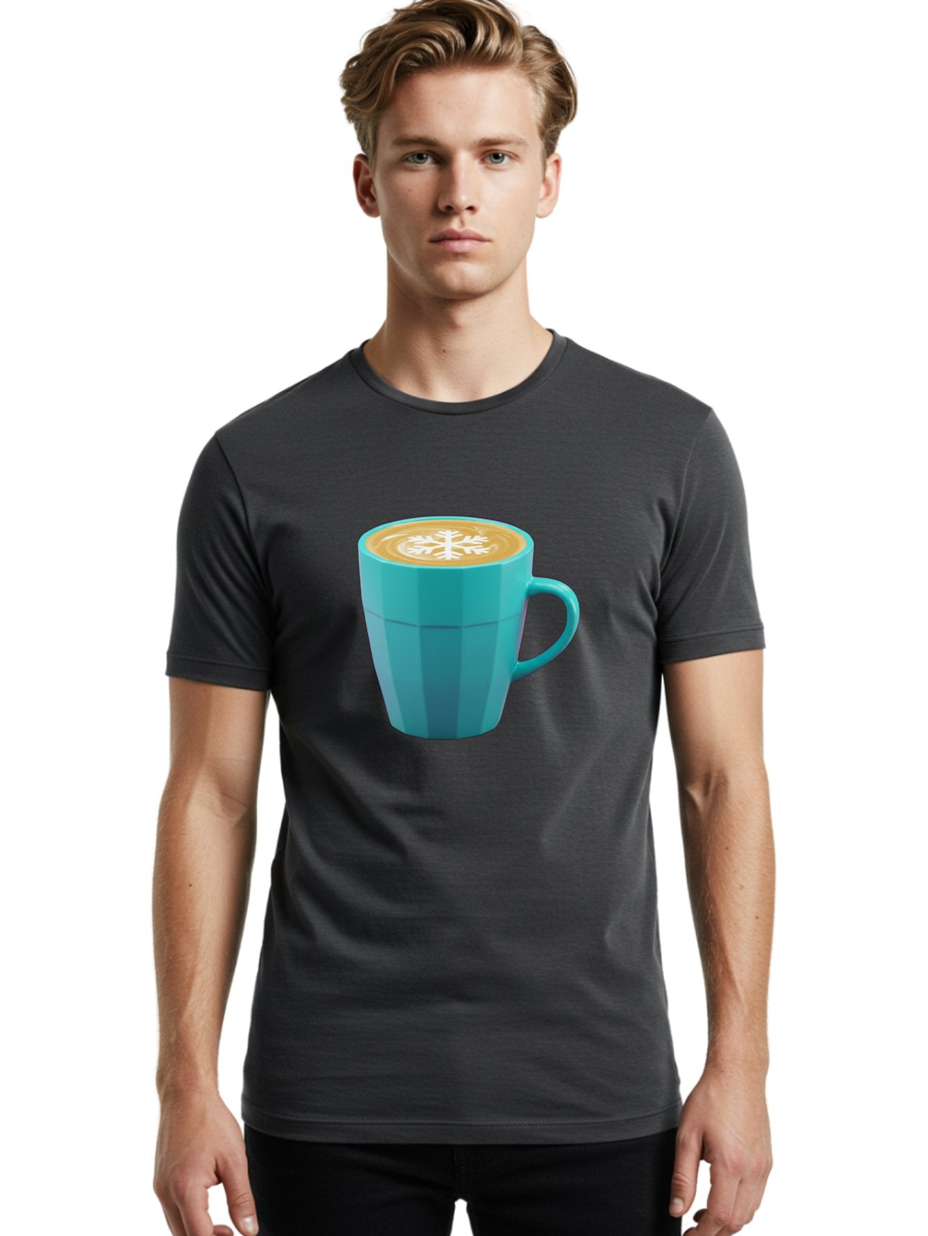 Blue-Coffee-Mug Men'S Graphic Tee, 100% Cotton, Comfortable Casual Summer Wear, Machine Washable, Coffee Cup, Blue Mug, Latte Art, Snowflake Design, Coffee Drink, Morning Coffee, Caffeine Boost, Beverage, Coffee Culture, Winter Theme Baa170 22