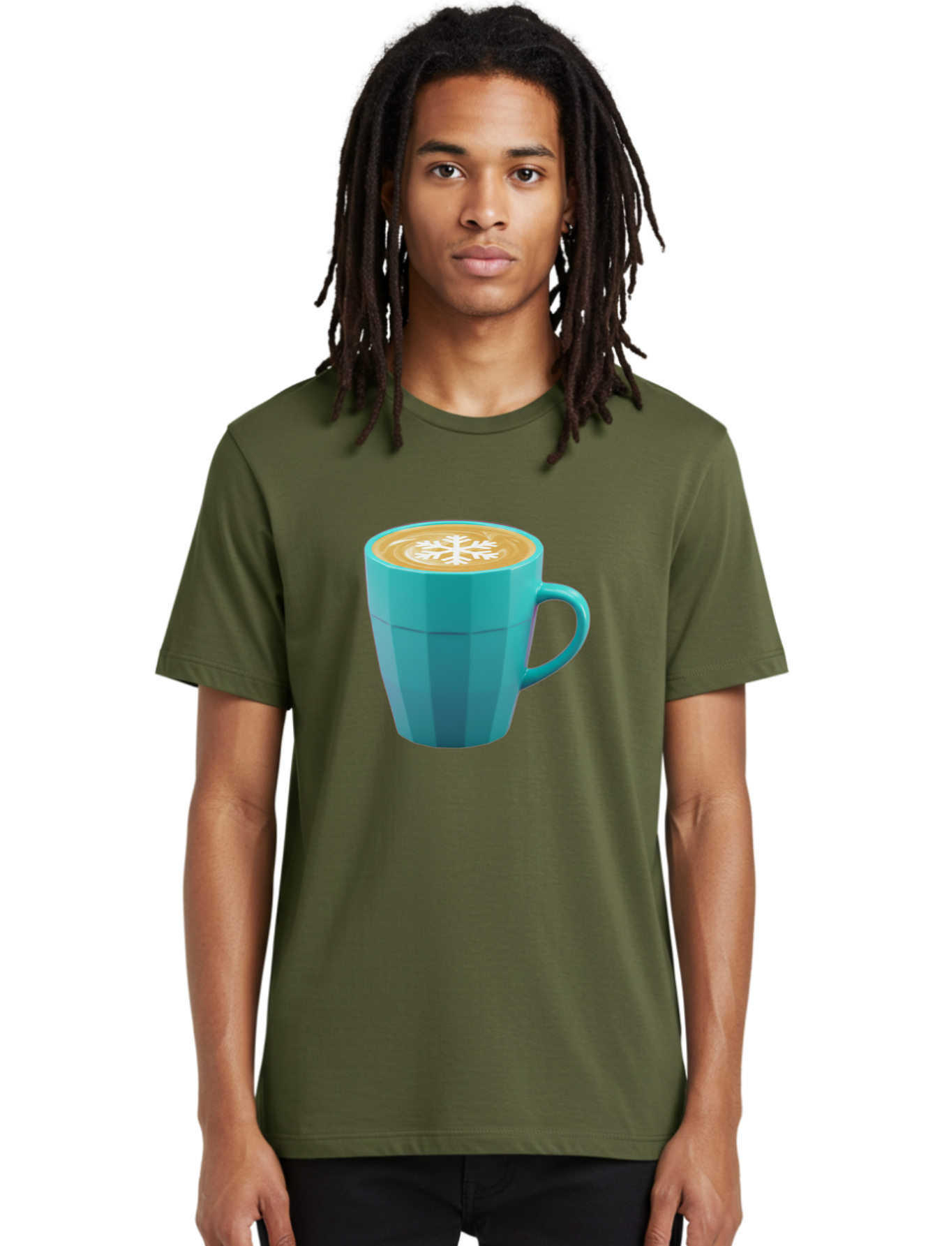 Blue-Coffee-Mug Men'S Graphic Tee, 100% Cotton, Comfortable Casual Summer Wear, Machine Washable, Coffee Cup, Blue Mug, Latte Art, Snowflake Design, Coffee Drink, Morning Coffee, Caffeine Boost, Beverage, Coffee Culture, Winter Theme Baa170 6