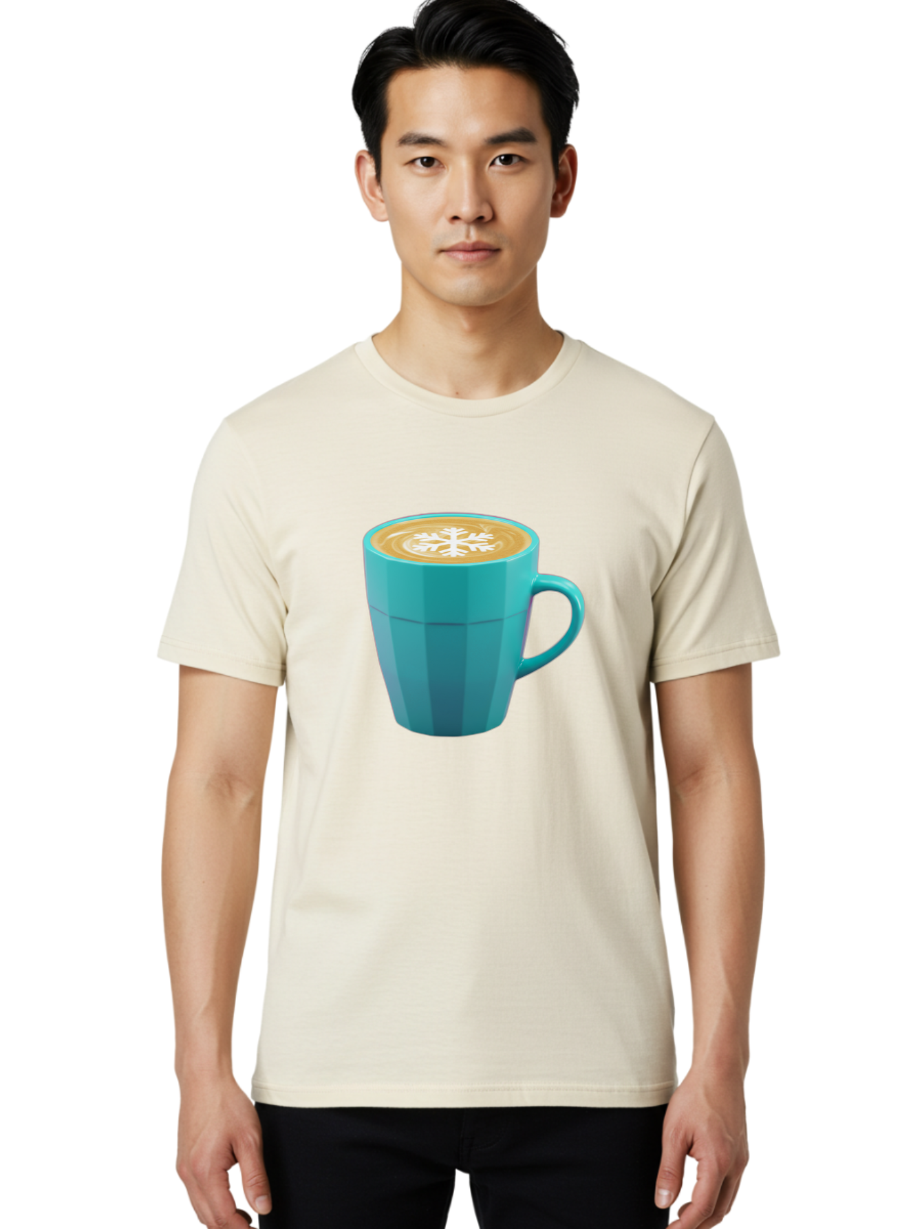 Blue-Coffee-Mug Men'S Graphic Tee, 100% Cotton, Comfortable Casual Summer Wear, Machine Washable, Coffee Cup, Blue Mug, Latte Art, Snowflake Design, Coffee Drink, Morning Coffee, Caffeine Boost, Beverage, Coffee Culture, Winter Theme Baa170 10