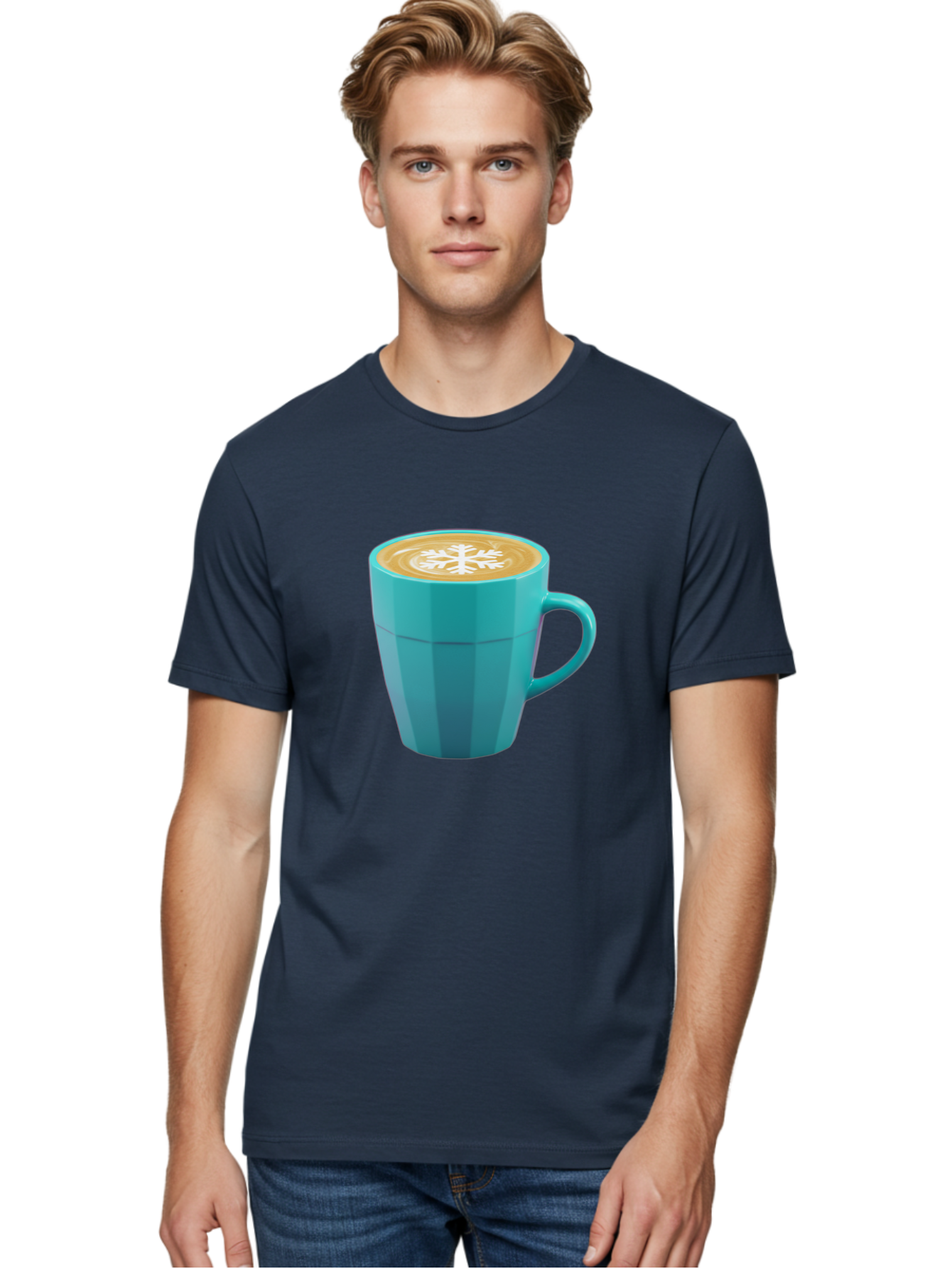 Blue-Coffee-Mug Men'S Graphic Tee, 100% Cotton, Comfortable Casual Summer Wear, Machine Washable, Coffee Cup, Blue Mug, Latte Art, Snowflake Design, Coffee Drink, Morning Coffee, Caffeine Boost, Beverage, Coffee Culture, Winter Theme Baa170 4