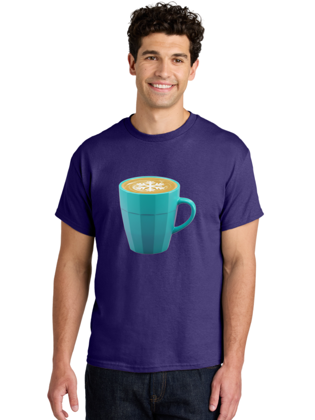 Blue-Coffee-Mug Men'S Graphic Tee, 100% Cotton, Comfortable Casual Summer Wear, Machine Washable, Coffee Cup, Blue Mug, Latte Art, Snowflake Design, Coffee Drink, Morning Coffee, Caffeine Boost, Beverage, Coffee Culture, Winter Theme Baa170 12