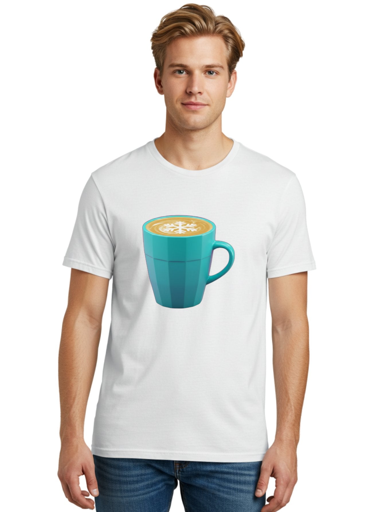 Blue-Coffee-Mug Men'S Graphic Tee, 100% Cotton, Comfortable Casual Summer Wear, Machine Washable, Coffee Cup, Blue Mug, Latte Art, Snowflake Design, Coffee Drink, Morning Coffee, Caffeine Boost, Beverage, Coffee Culture, Winter Theme Baa170 17