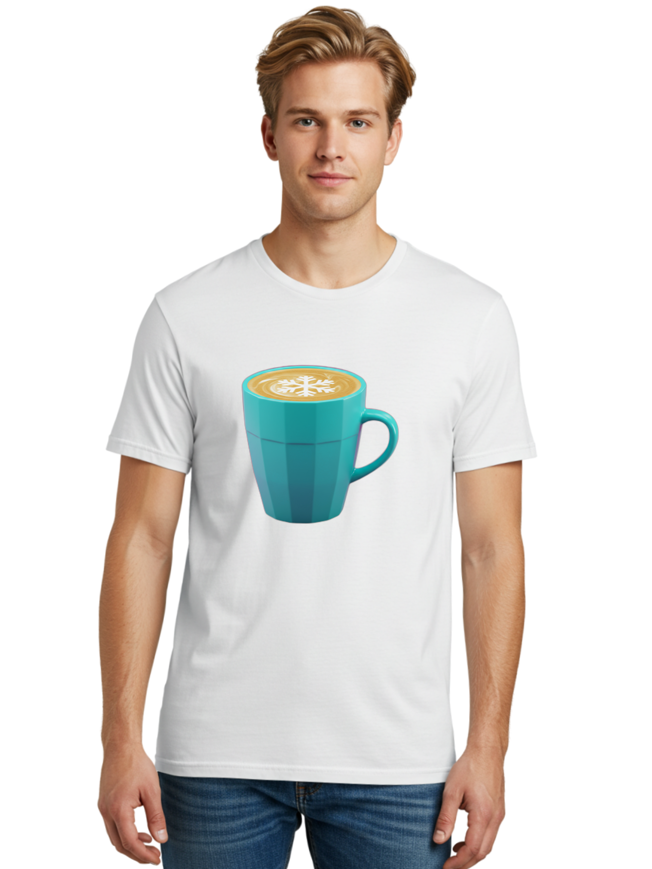 Blue-Coffee-Mug Men'S Graphic Tee, 100% Cotton, Comfortable Casual Summer Wear, Machine Washable, Coffee Cup, Blue Mug, Latte Art, Snowflake Design, Coffee Drink, Morning Coffee, Caffeine Boost, Beverage, Coffee Culture, Winter Theme Baa170 28
