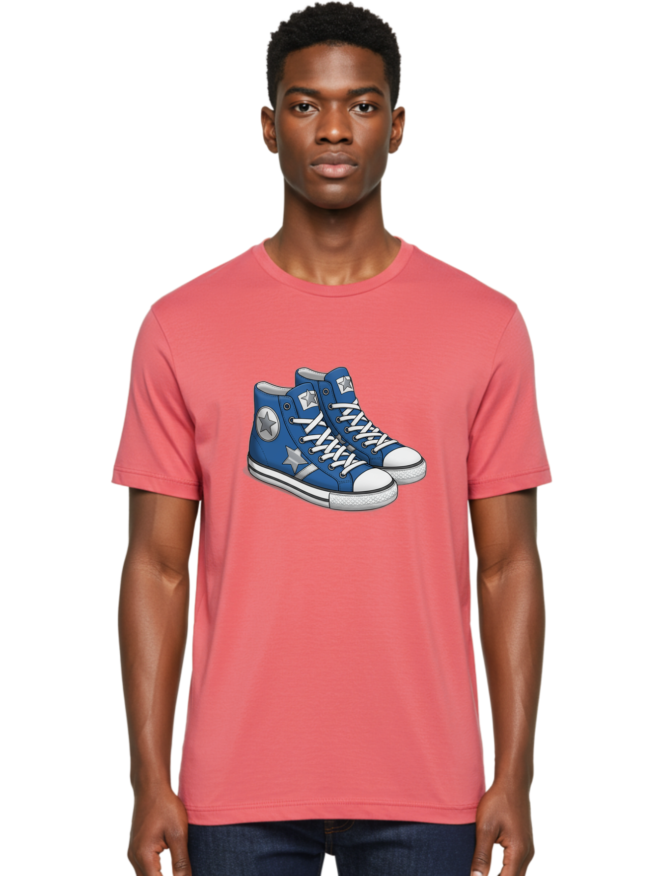 Blue-Converse-Sneakers Men'S Graphic Tee, 100% Cotton, Comfortable Casual Summer Wear, Machine Washable, Blue Sneakers, Star Design, White Laces, Converse Style, Casual Footwear, Sneaker Fashion, Streetwear, Blue Shoes, Star Pattern Baa171 18
