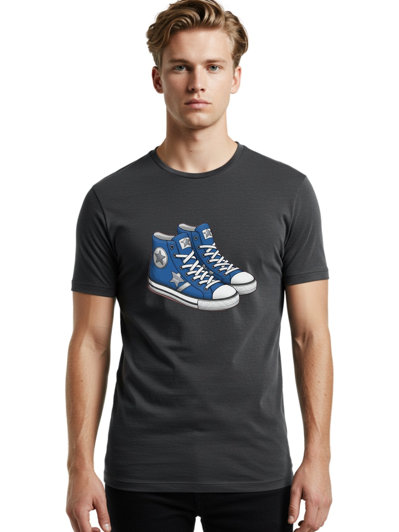 Blue-Converse-Sneakers Men'S Graphic Tee, 100% Cotton, Comfortable Casual Summer Wear, Machine Washable, Blue Sneakers, Star Design, White Laces, Converse Style, Casual Footwear, Sneaker Fashion, Streetwear, Blue Shoes, Star Pattern Baa171 18