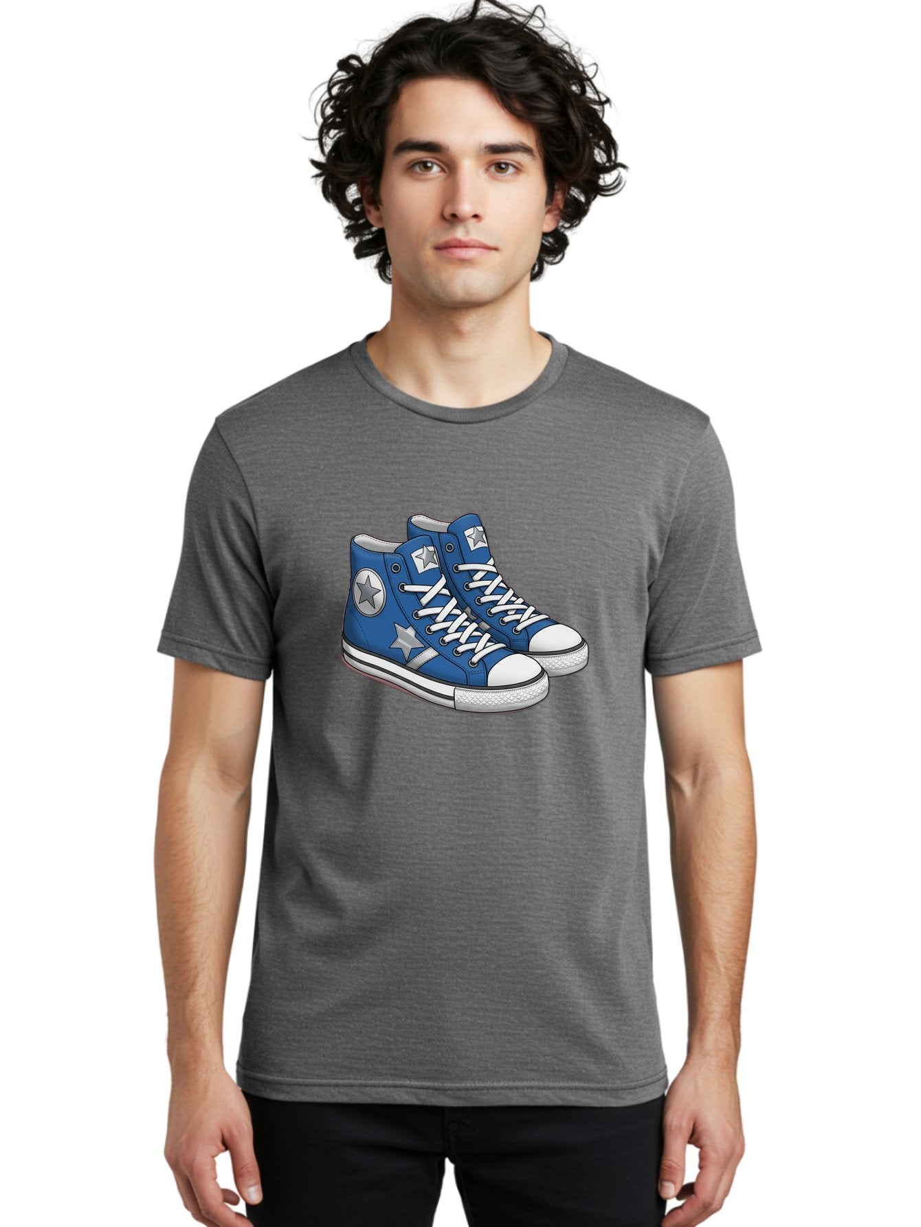 Blue-Converse-Sneakers Men'S Graphic Tee, 100% Cotton, Comfortable Casual Summer Wear, Machine Washable, Blue Sneakers, Star Design, White Laces, Converse Style, Casual Footwear, Sneaker Fashion, Streetwear, Blue Shoes, Star Pattern Baa171 17
