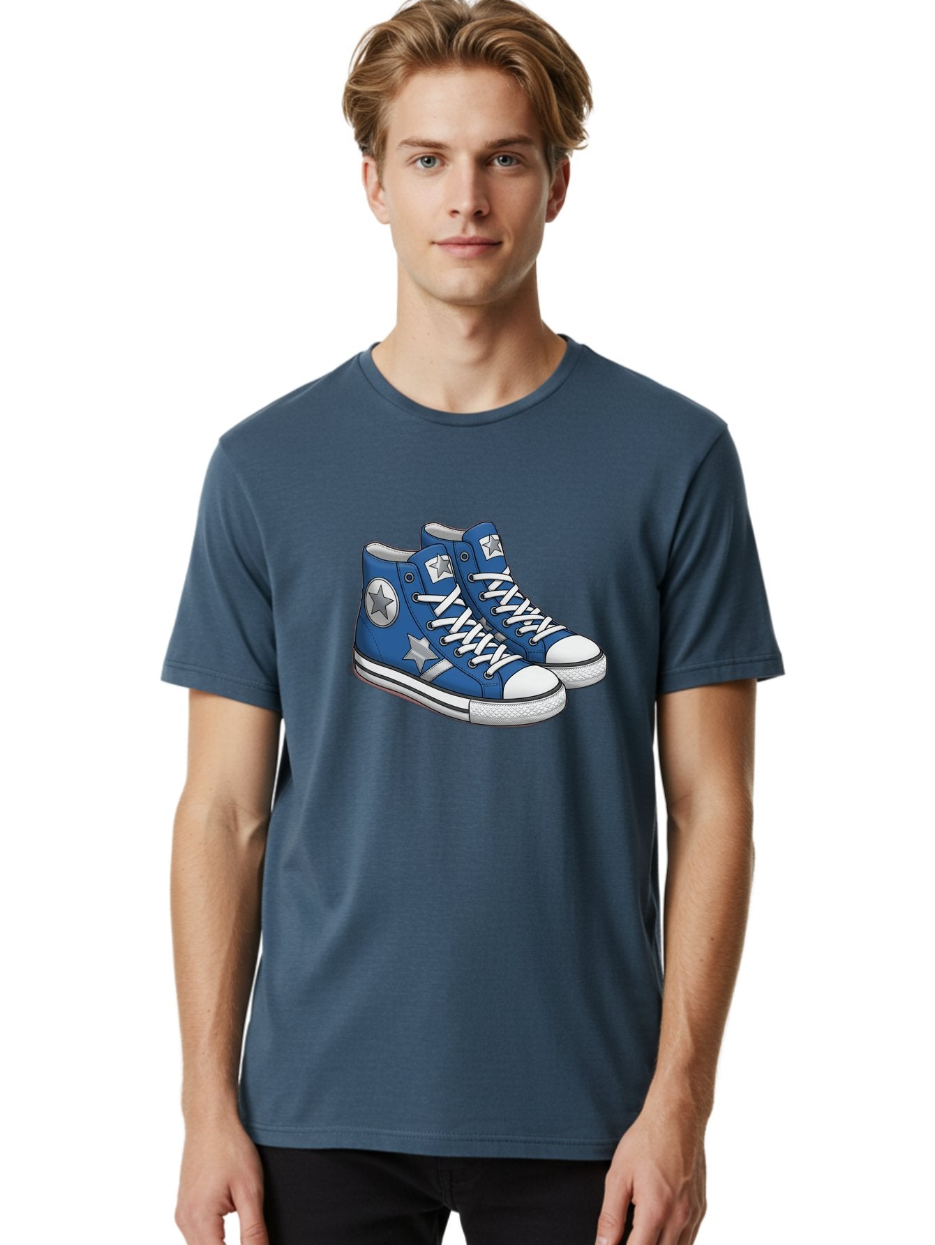 Blue-Converse-Sneakers Men'S Graphic Tee, 100% Cotton, Comfortable Casual Summer Wear, Machine Washable, Blue Sneakers, Star Design, White Laces, Converse Style, Casual Footwear, Sneaker Fashion, Streetwear, Blue Shoes, Star Pattern Baa171 25