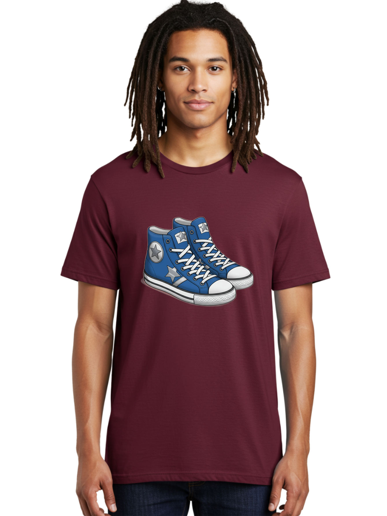 Blue-Converse-Sneakers Men'S Graphic Tee, 100% Cotton, Comfortable Casual Summer Wear, Machine Washable, Blue Sneakers, Star Design, White Laces, Converse Style, Casual Footwear, Sneaker Fashion, Streetwear, Blue Shoes, Star Pattern Baa171 30
