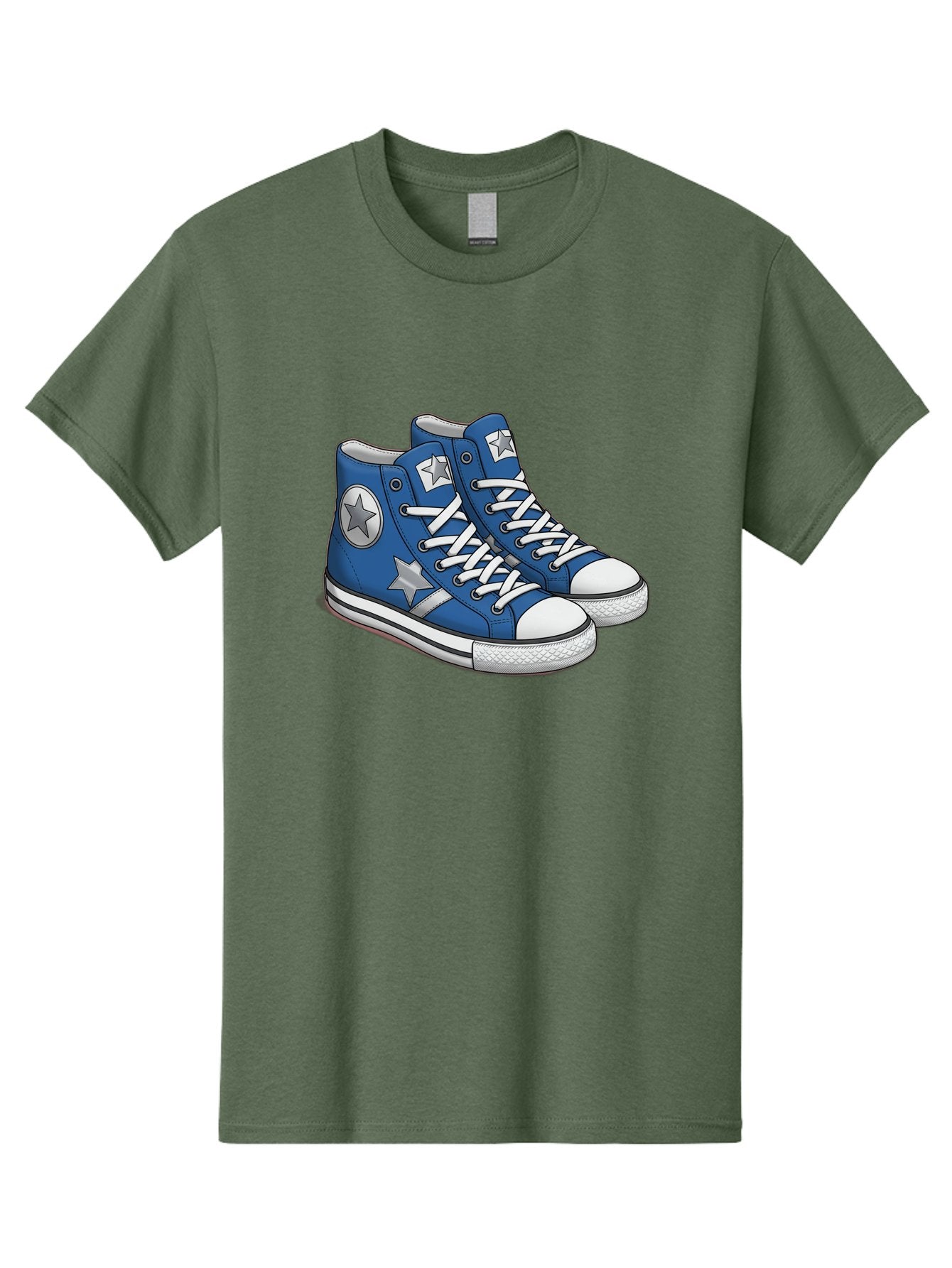 Blue-Converse-Sneakers Men'S Graphic Tee, 100% Cotton, Comfortable Casual Summer Wear, Machine Washable, Blue Sneakers, Star Design, White Laces, Converse Style, Casual Footwear, Sneaker Fashion, Streetwear, Blue Shoes, Star Pattern Baa171 14