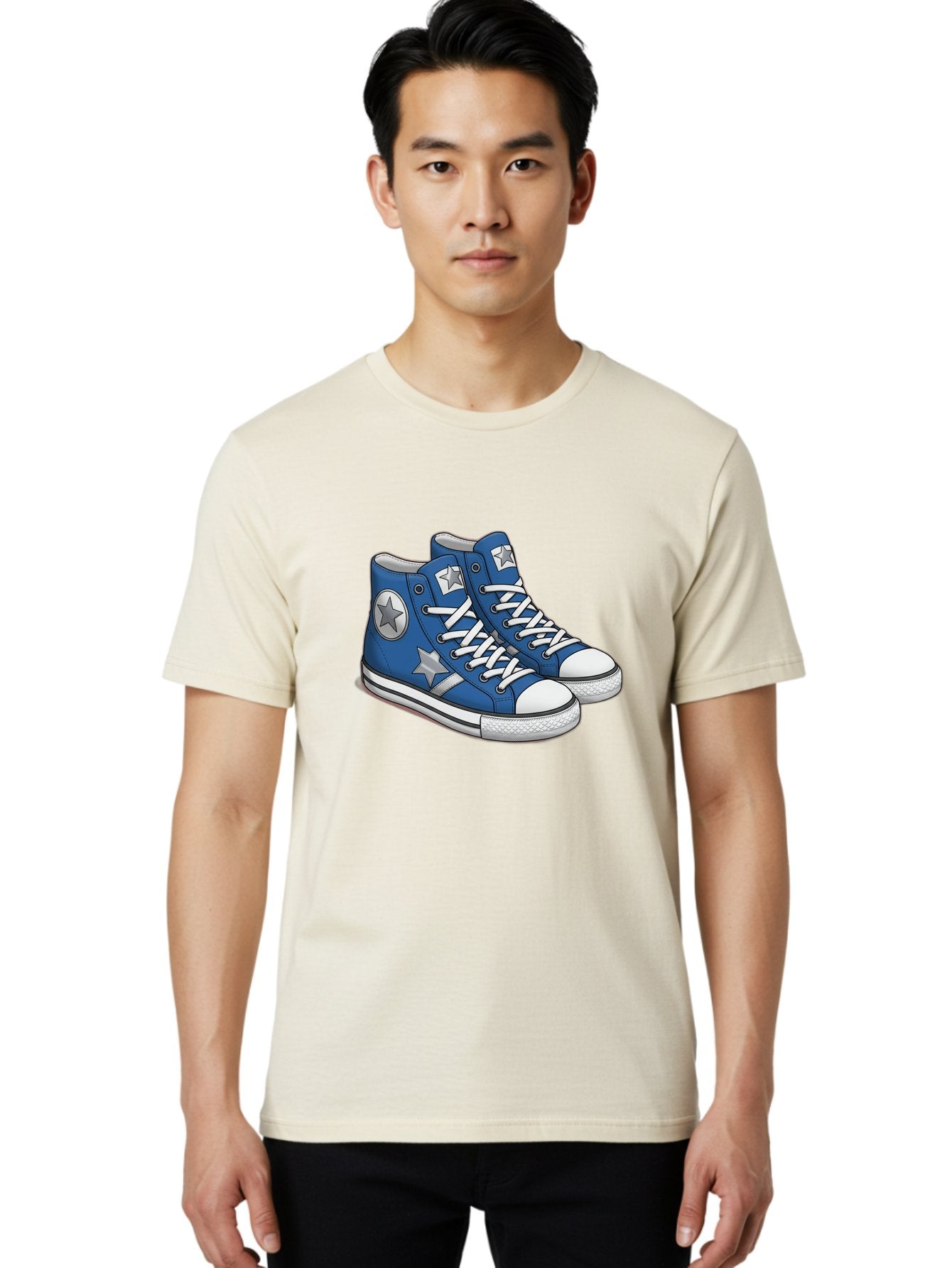 Blue-Converse-Sneakers Men'S Graphic Tee, 100% Cotton, Comfortable Casual Summer Wear, Machine Washable, Blue Sneakers, Star Design, White Laces, Converse Style, Casual Footwear, Sneaker Fashion, Streetwear, Blue Shoes, Star Pattern Baa171 19