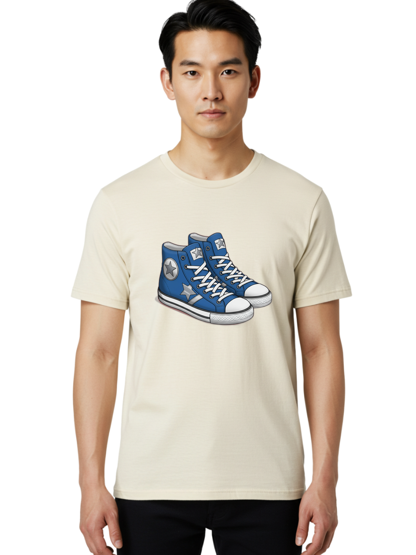 Blue-Converse-Sneakers Men'S Graphic Tee, 100% Cotton, Comfortable Casual Summer Wear, Machine Washable, Blue Sneakers, Star Design, White Laces, Converse Style, Casual Footwear, Sneaker Fashion, Streetwear, Blue Shoes, Star Pattern Baa171 22