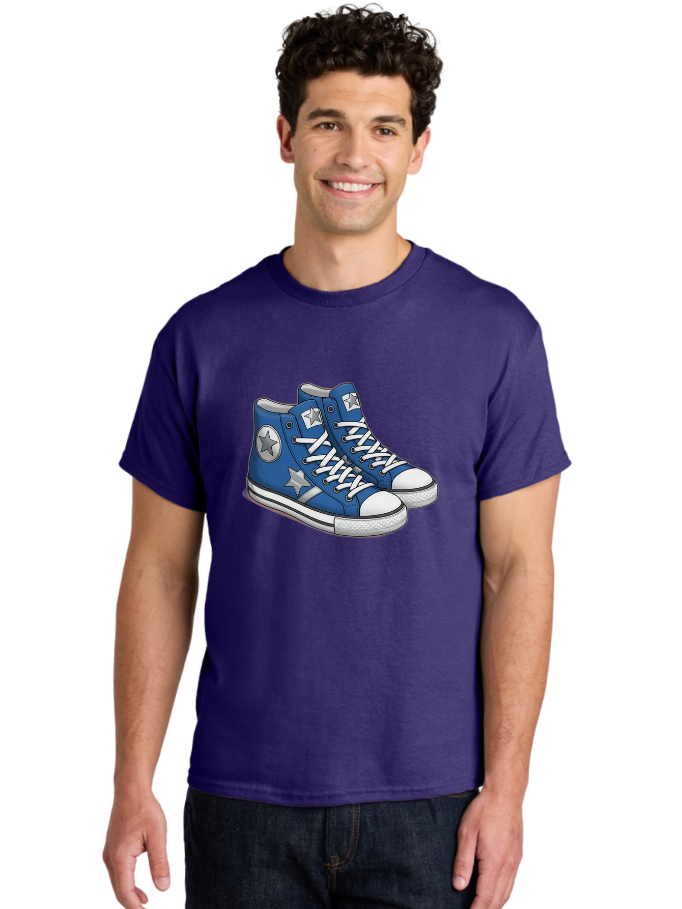 Blue-Converse-Sneakers Men'S Graphic Tee, 100% Cotton, Comfortable Casual Summer Wear, Machine Washable, Blue Sneakers, Star Design, White Laces, Converse Style, Casual Footwear, Sneaker Fashion, Streetwear, Blue Shoes, Star Pattern Baa171 16