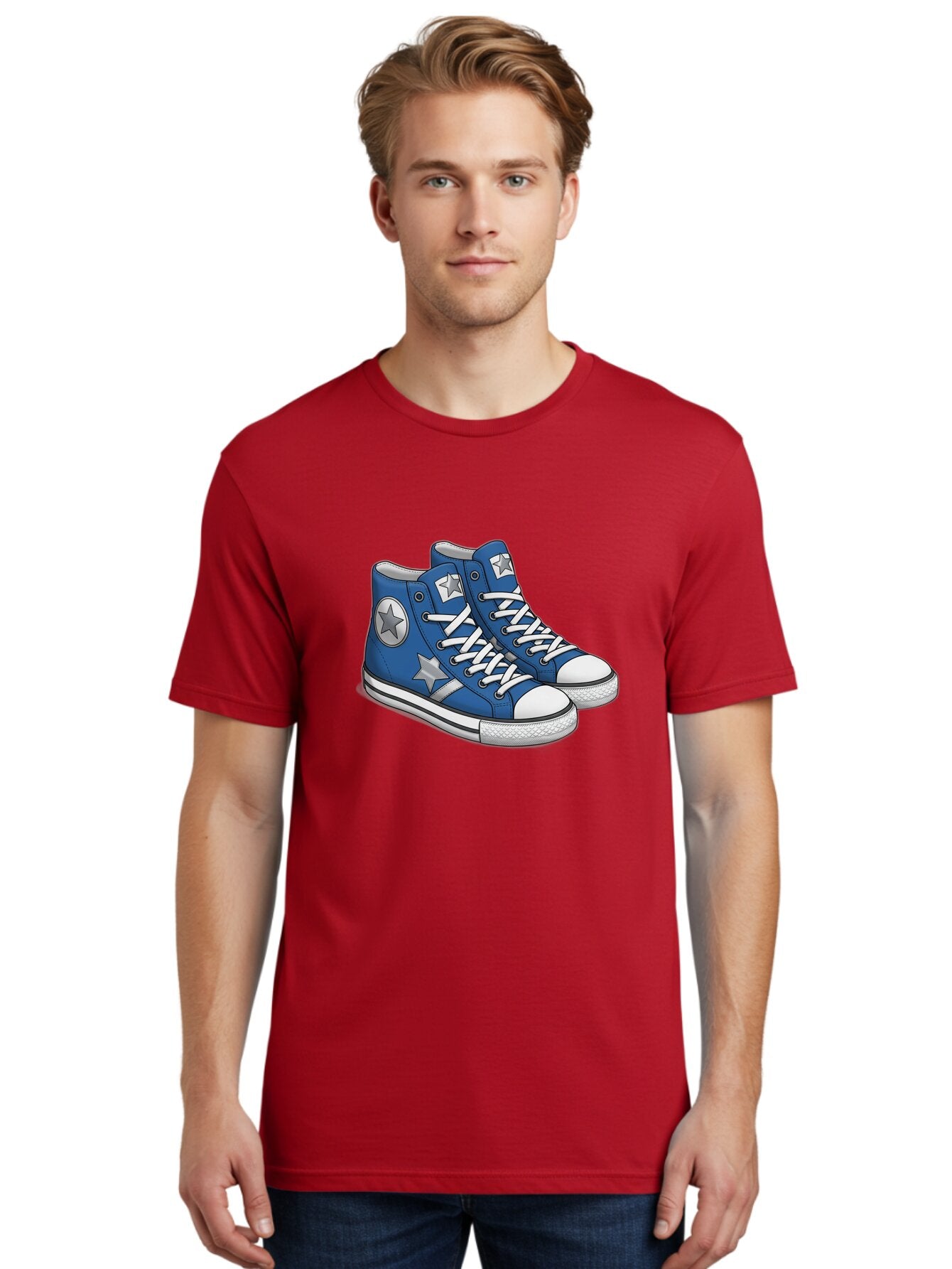 Blue-Converse-Sneakers Men'S Graphic Tee, 100% Cotton, Comfortable Casual Summer Wear, Machine Washable, Blue Sneakers, Star Design, White Laces, Converse Style, Casual Footwear, Sneaker Fashion, Streetwear, Blue Shoes, Star Pattern Baa171 27
