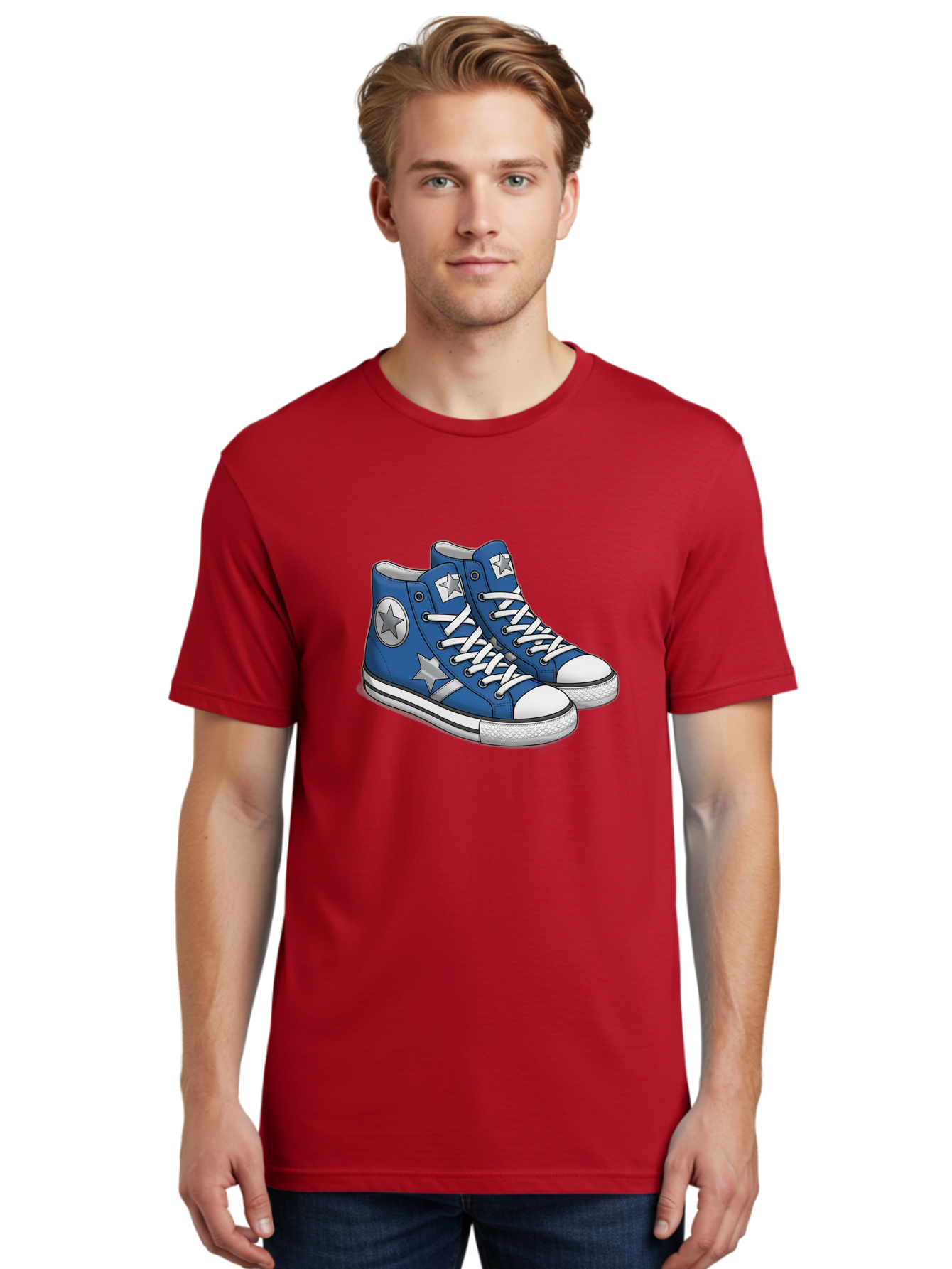 Blue-Converse-Sneakers Men'S Graphic Tee, 100% Cotton, Comfortable Casual Summer Wear, Machine Washable, Blue Sneakers, Star Design, White Laces, Converse Style, Casual Footwear, Sneaker Fashion, Streetwear, Blue Shoes, Star Pattern Baa171 8