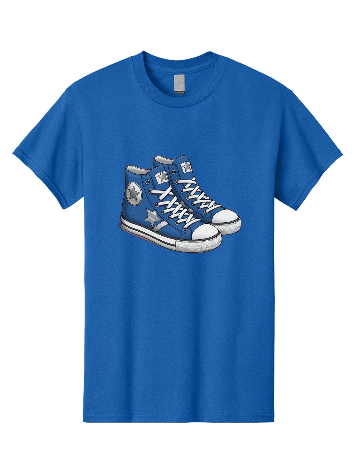 Blue-Converse-Sneakers Men'S Graphic Tee, 100% Cotton, Comfortable Casual Summer Wear, Machine Washable, Blue Sneakers, Star Design, White Laces, Converse Style, Casual Footwear, Sneaker Fashion, Streetwear, Blue Shoes, Star Pattern Baa171 7