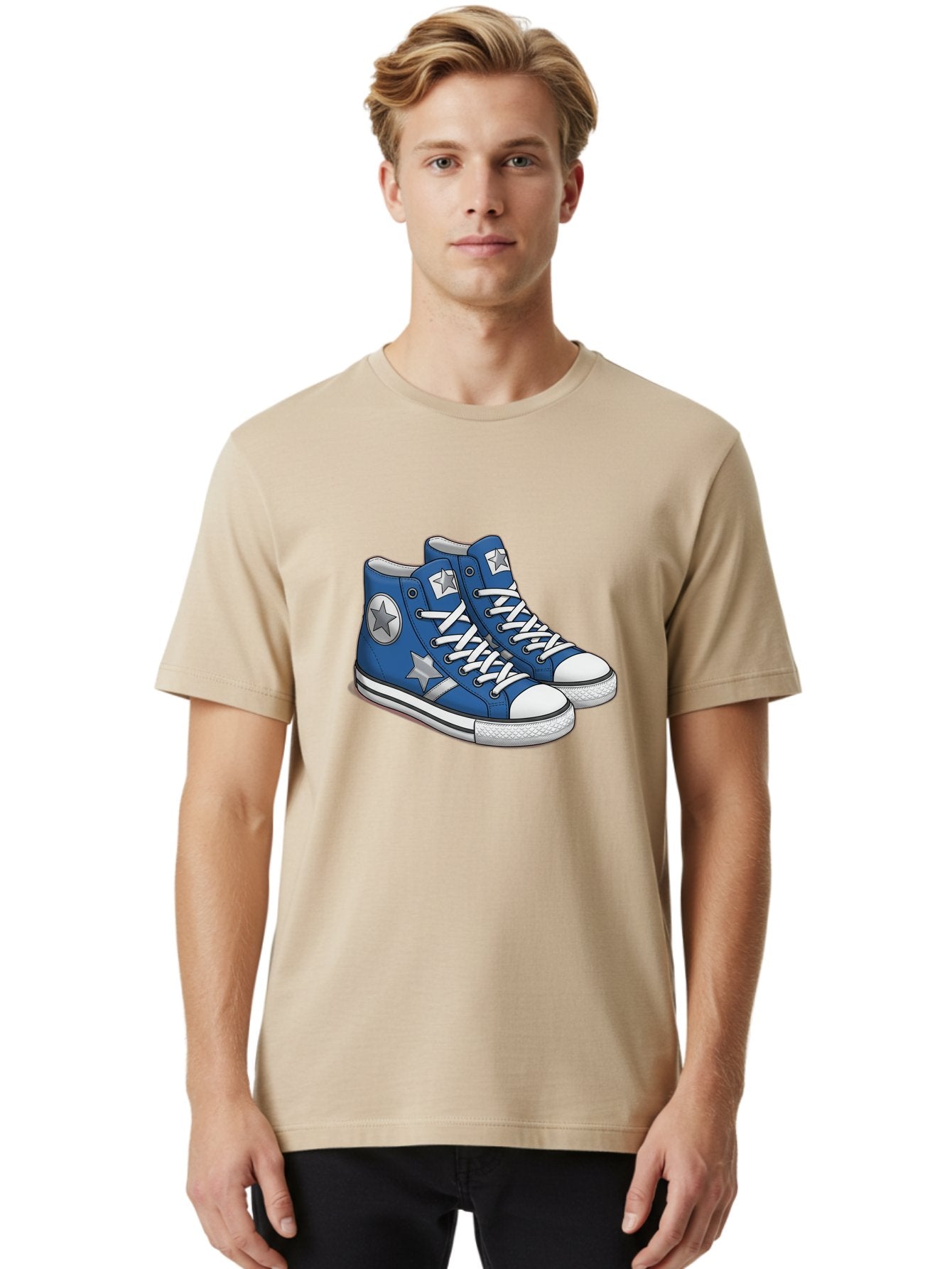 Blue-Converse-Sneakers Men'S Graphic Tee, 100% Cotton, Comfortable Casual Summer Wear, Machine Washable, Blue Sneakers, Star Design, White Laces, Converse Style, Casual Footwear, Sneaker Fashion, Streetwear, Blue Shoes, Star Pattern Baa171 28