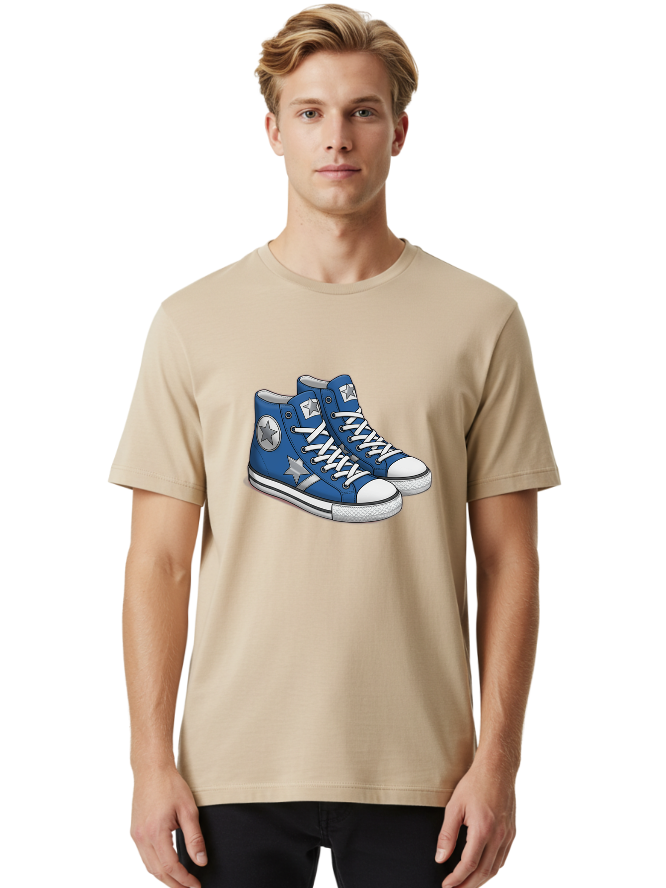 Blue-Converse-Sneakers Men'S Graphic Tee, 100% Cotton, Comfortable Casual Summer Wear, Machine Washable, Blue Sneakers, Star Design, White Laces, Converse Style, Casual Footwear, Sneaker Fashion, Streetwear, Blue Shoes, Star Pattern Baa171 6